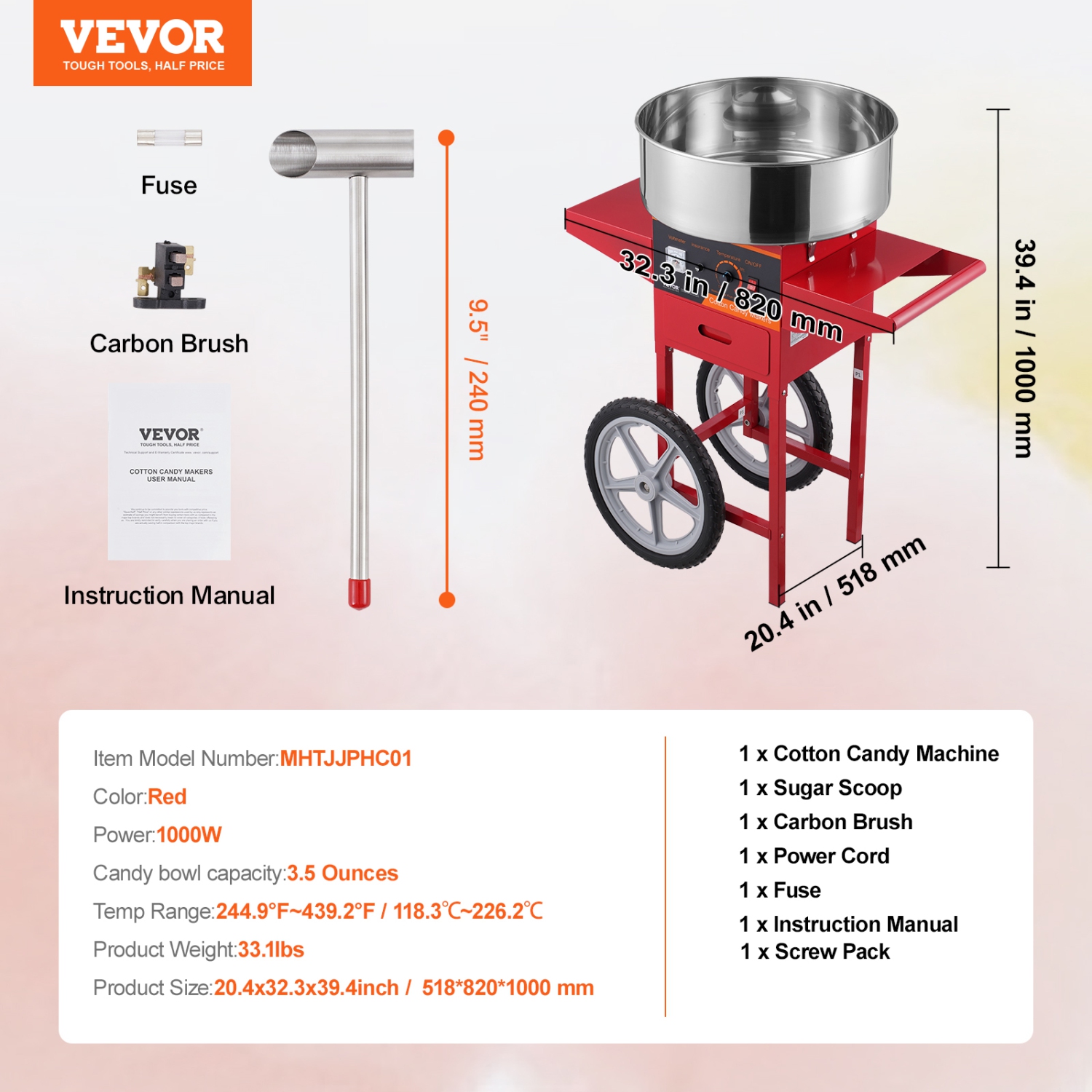 VEVOR 1000W Electric Cotton Candy Machine with Cart, Commercial Candy Floss Maker with Stainless Steel Bowl, Sugar Scoop and Drawer, Perfect for Kids