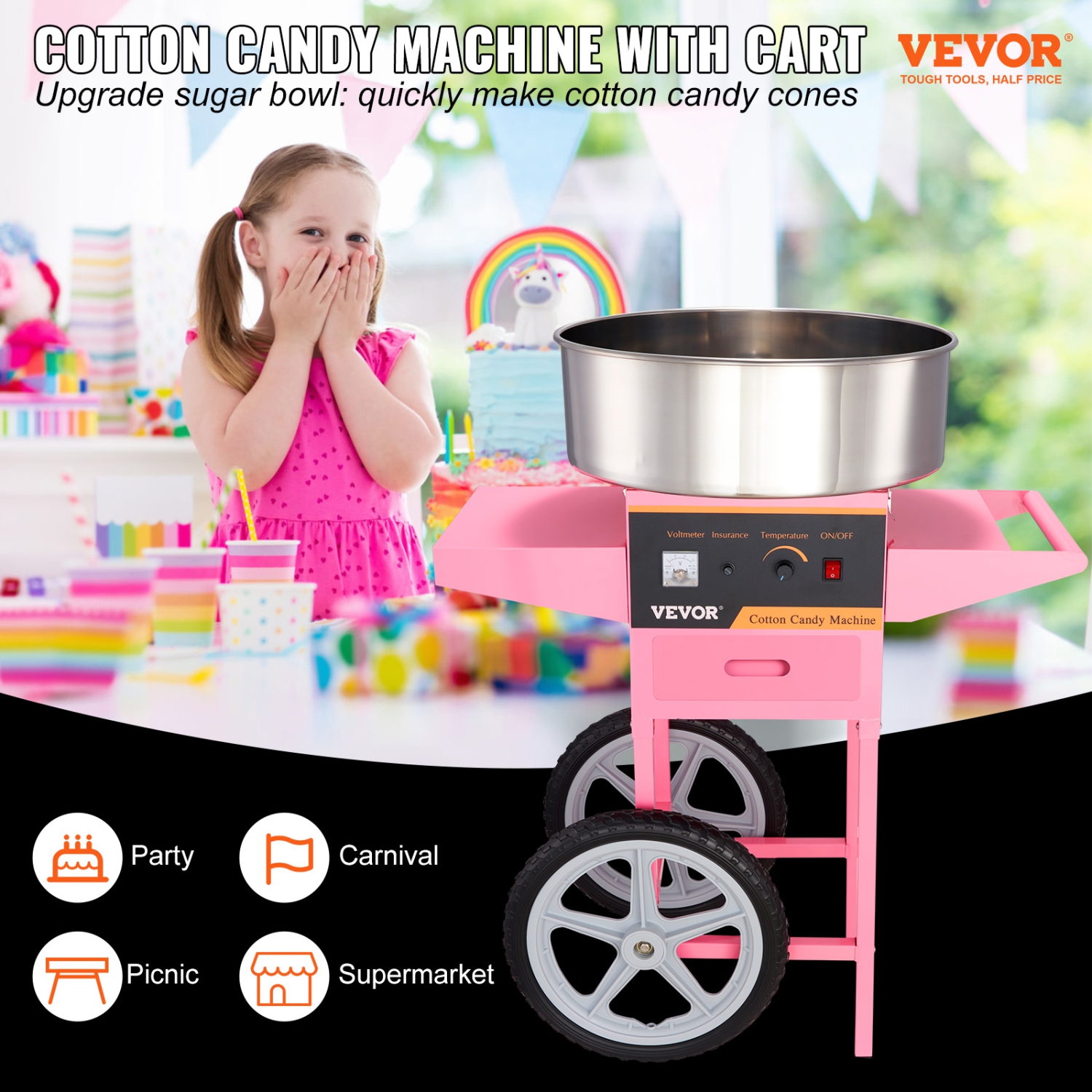 VEVOR 1000W Electric Cotton Candy Machine with Cart, Commercial Floss Maker with Stainless Steel Bowl, Sugar Scoop and Drawer, Perfect for Home, Kids
