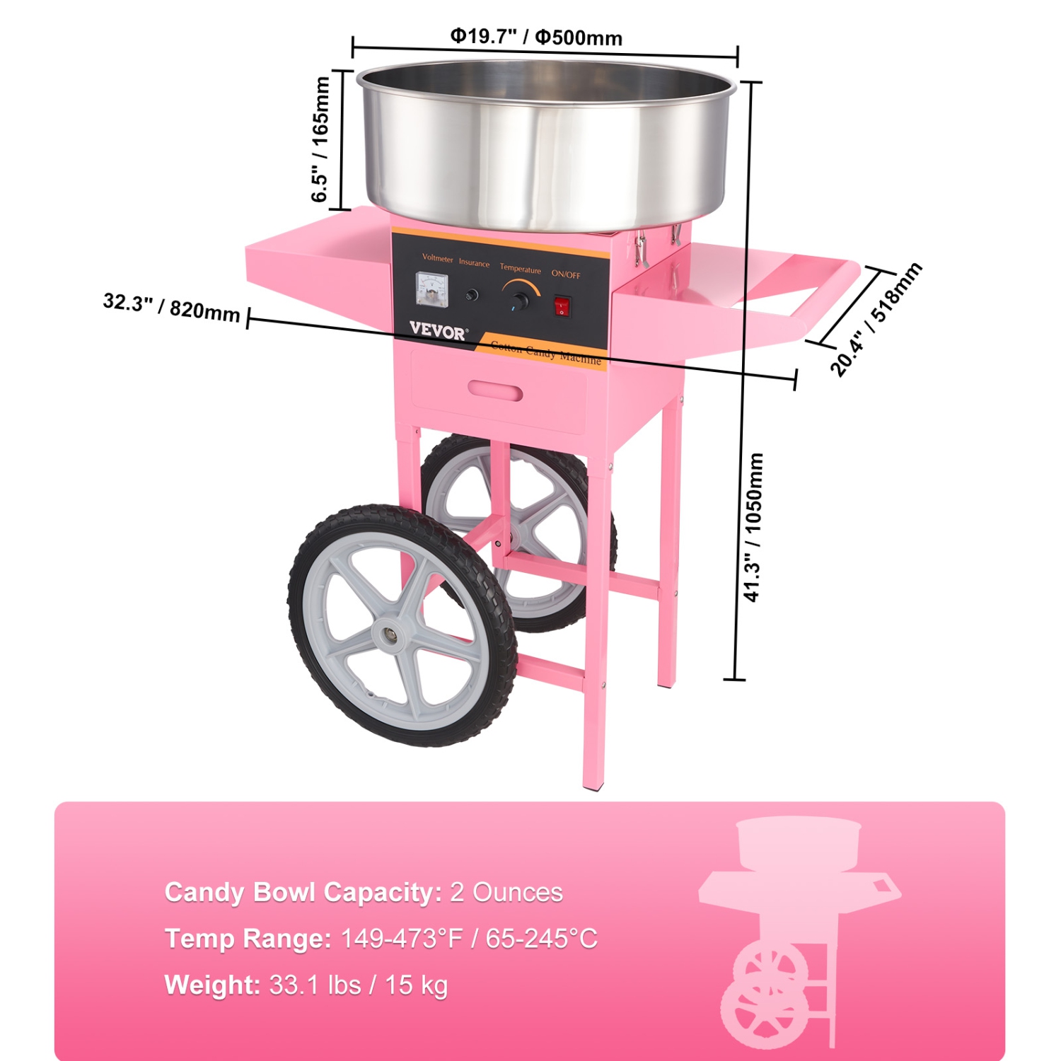 VEVOR 1000W Electric Cotton Candy Machine with Cart, Commercial Floss Maker with Stainless Steel Bowl, Sugar Scoop and Drawer, Perfect for Home, Kids
