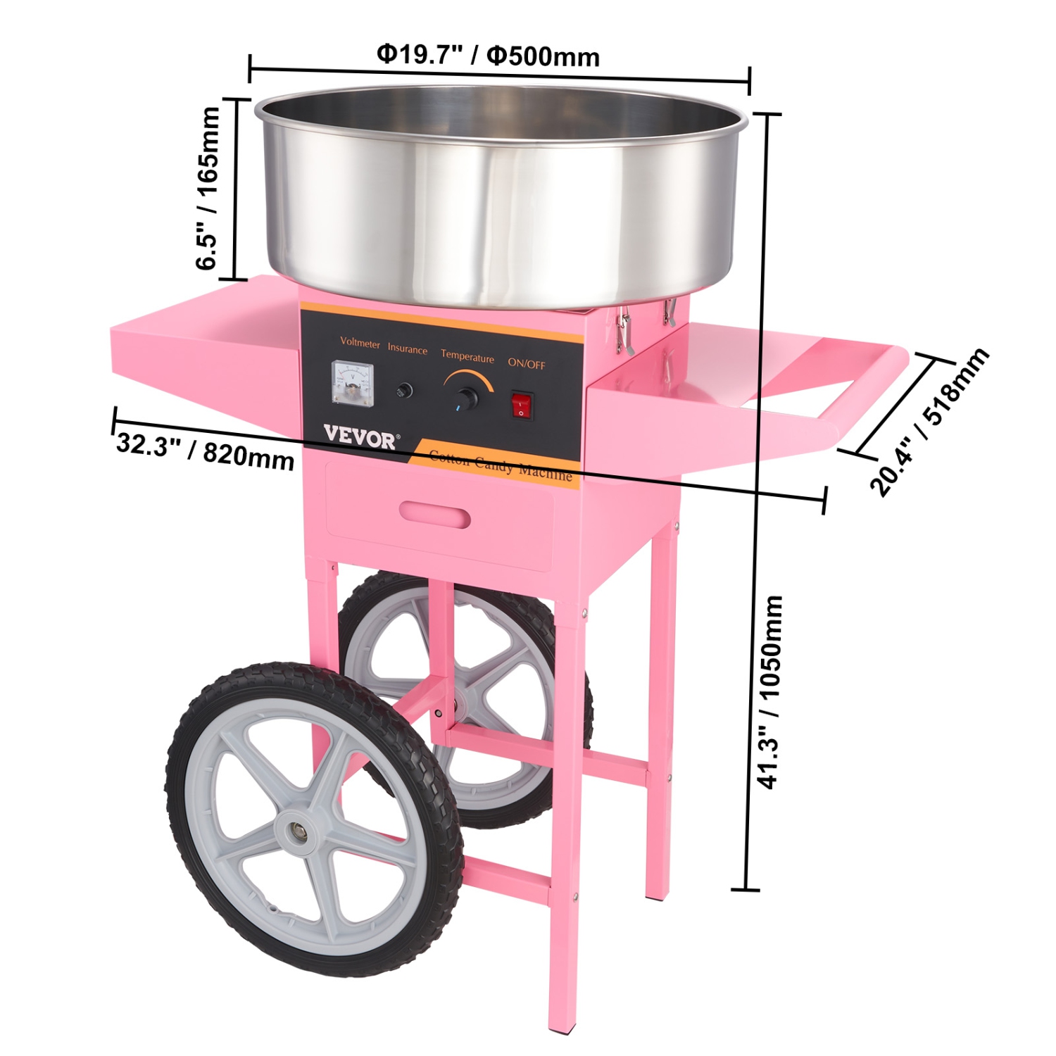 VEVOR 1000W Electric Cotton Candy Machine with Cart, Commercial Floss Maker with Stainless Steel Bowl, Sugar Scoop and Drawer, Perfect for Home, Kids