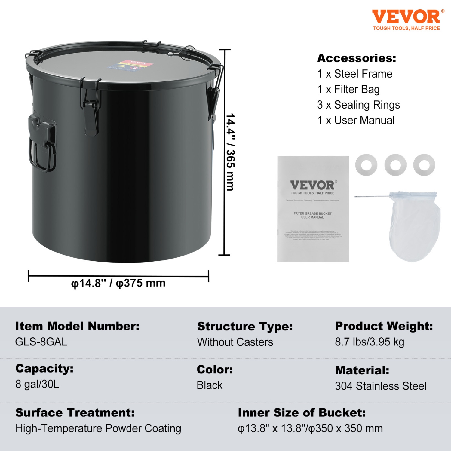 VEVOR 8 Gal Fryer Grease Bucket, Oil Disposal Caddy Stainless Steel Fryer Oil Bucket Rust-Proof Coating, Oil Transport Container with Lid, Lock