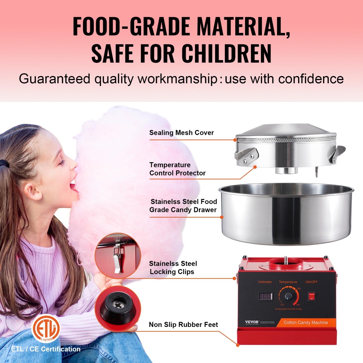 VEVOR 1000W Electric Cotton Candy Machine, Candy Floss Maker, Commercial Cotton Candy Machine with Stainless Steel Bowl, and Sugar Scoop, Perfect for