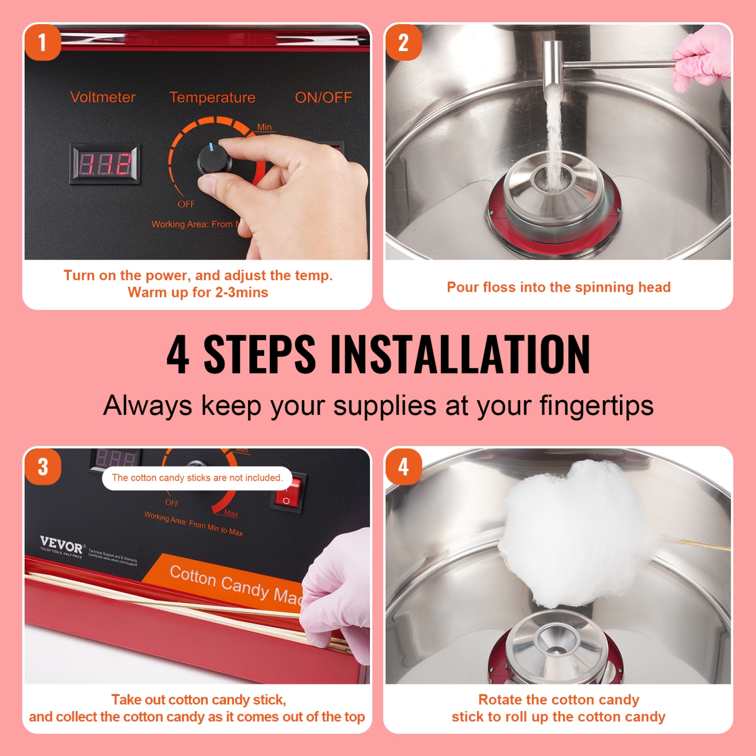 VEVOR 1000W Electric Cotton Candy Machine, Candy Floss Maker, Commercial Cotton Candy Machine with Stainless Steel Bowl, and Sugar Scoop, Perfect for