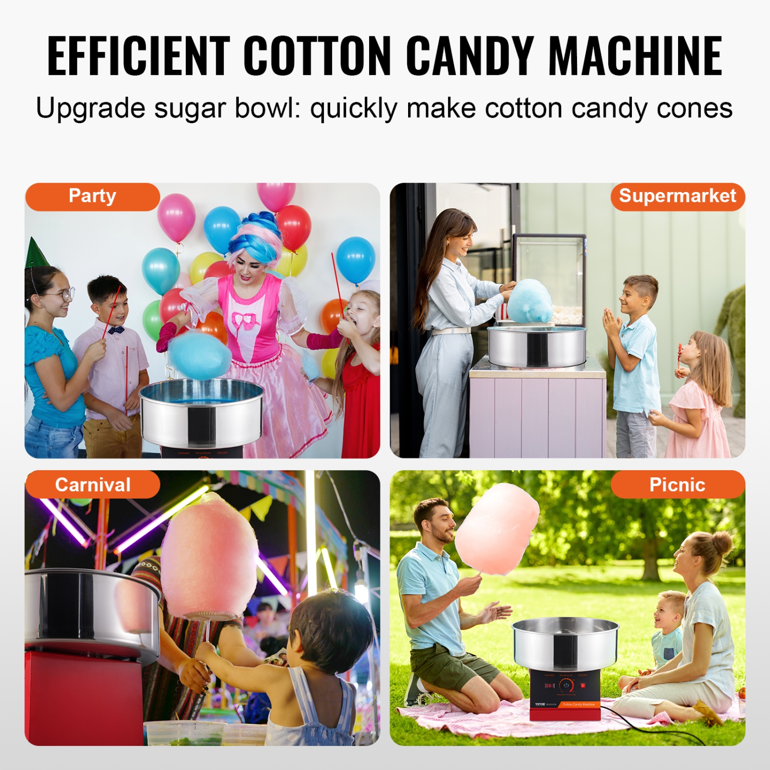 VEVOR 1000W Electric Cotton Candy Machine, Candy Floss Maker, Commercial Cotton Candy Machine with Stainless Steel Bowl, and Sugar Scoop, Perfect for