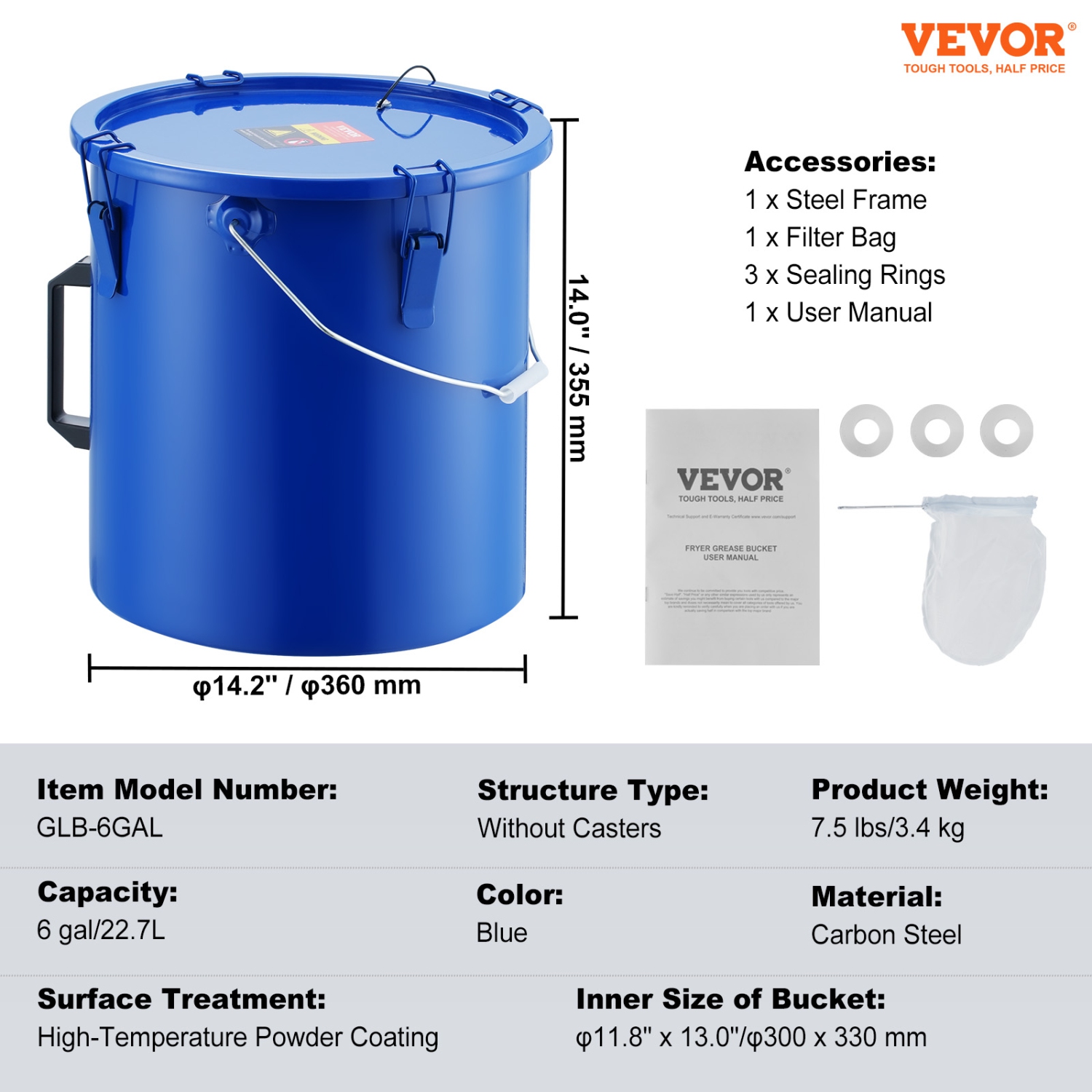 VEVOR 6 Gal Fryer Grease Bucket, Oil Disposal Caddy Carbon Steel Fryer Oil Bucket with Rust-Proof Coating, Oil Transport Container with Lid, Lock