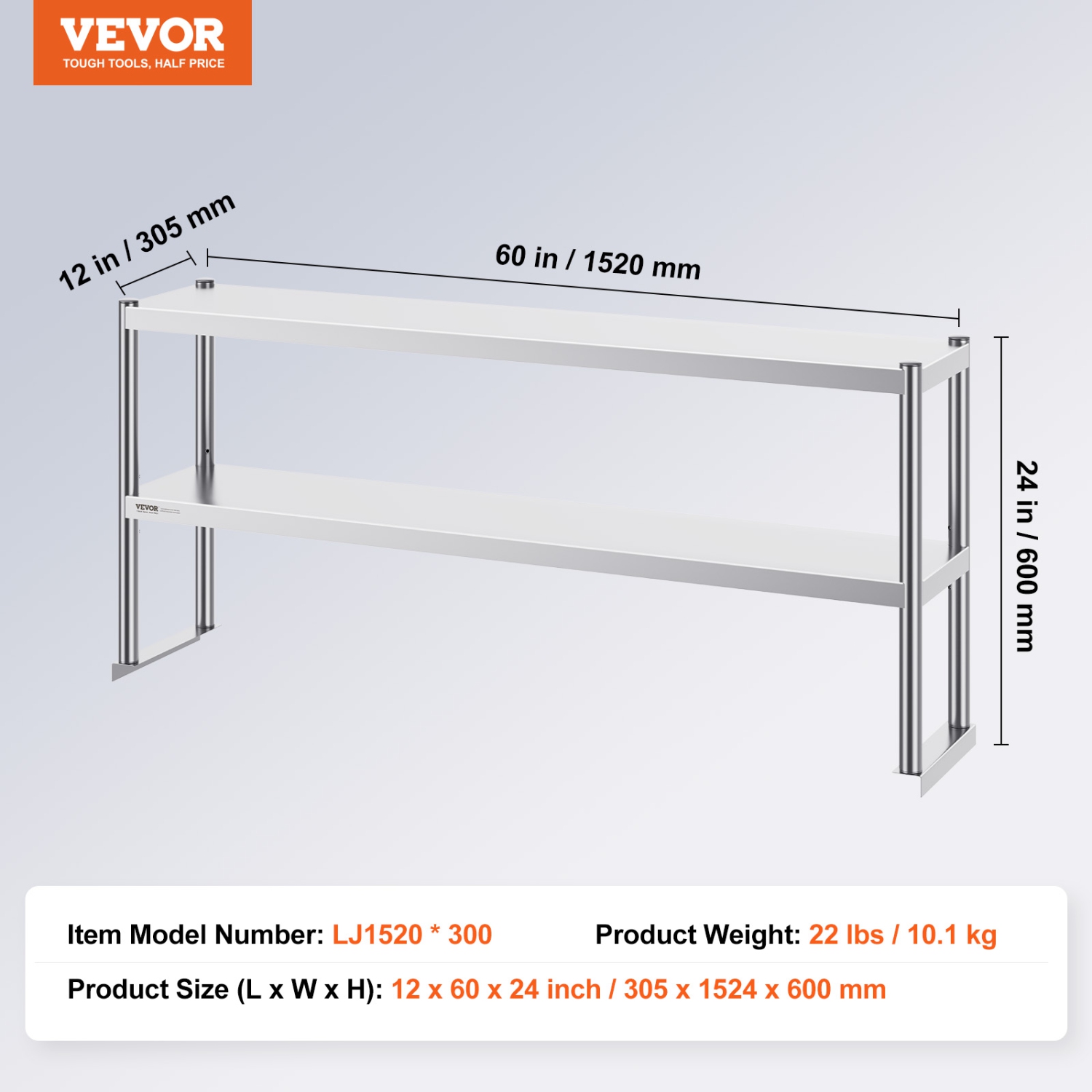 VEVOR 12 x 60 Inch Double Overshelf, Double Tier Stainless Steel Overshelf, Double Deck Overshelf, Height Adjustable Overshelf Prep Work Table for