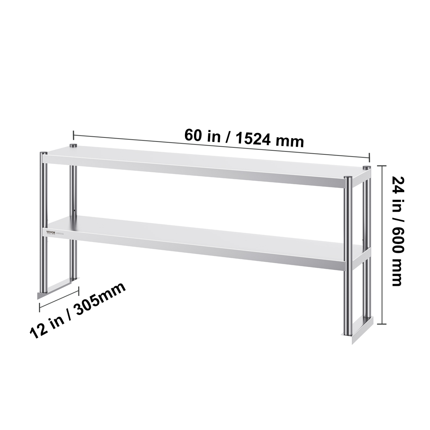 VEVOR 12 x 60 Inch Double Overshelf, Double Tier Stainless Steel Overshelf, Double Deck Overshelf, Height Adjustable Overshelf Prep Work Table for
