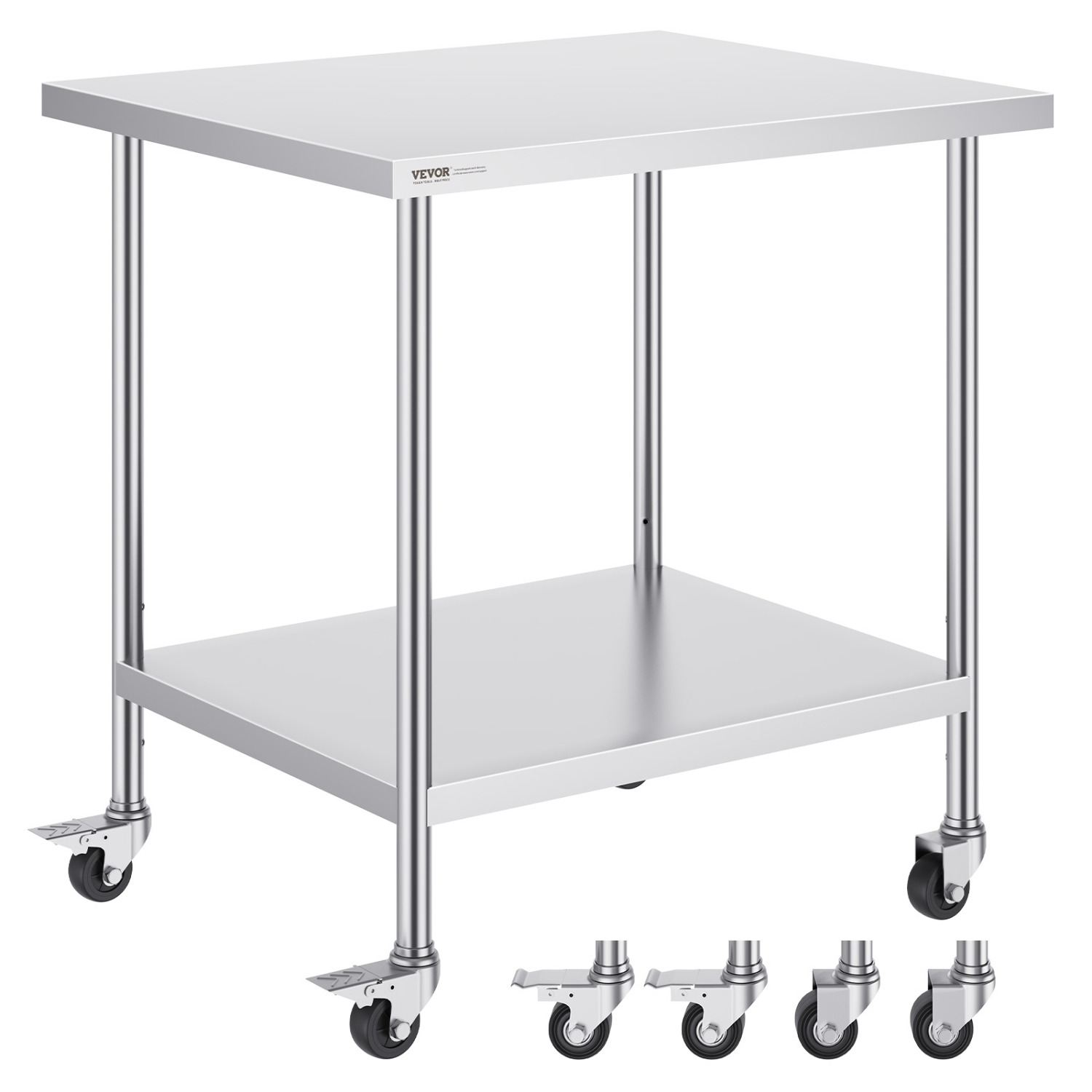 VEVOR 30 x 18 x 38 Inch Stainless Steel Work Table , with 4 Wheels, 3 Adjustable Height Levels, Heavy Duty Food Prep Worktable for Commercial Kitchen
