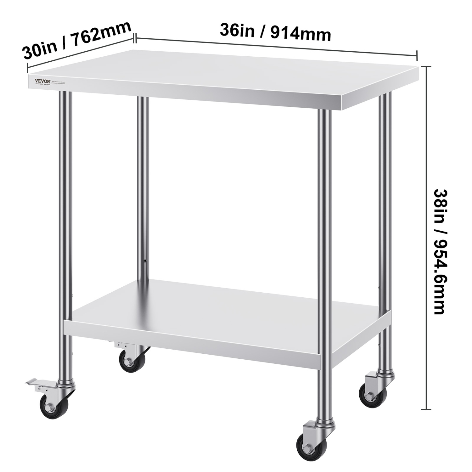 VEVOR 30 x 18 x 38 Inch Stainless Steel Work Table , with 4 Wheels, 3 Adjustable Height Levels, Heavy Duty Food Prep Worktable for Commercial Kitchen