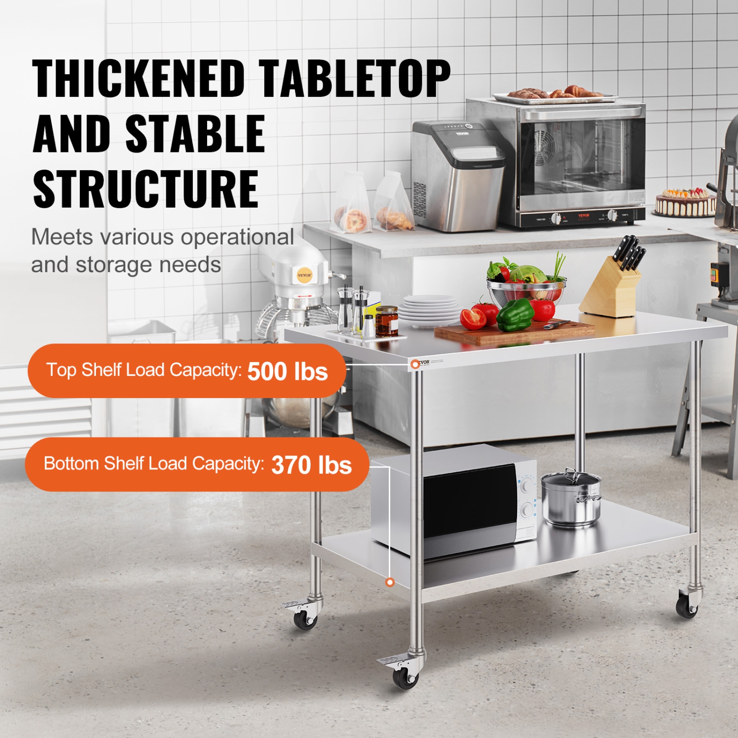 VEVOR 30 x 48 x 38 Inch Stainless Steel Work Table , with 4 Wheels, 3 Adjustable Height Levels, Heavy Duty Food Prep Worktable for Commercial Kitchen
