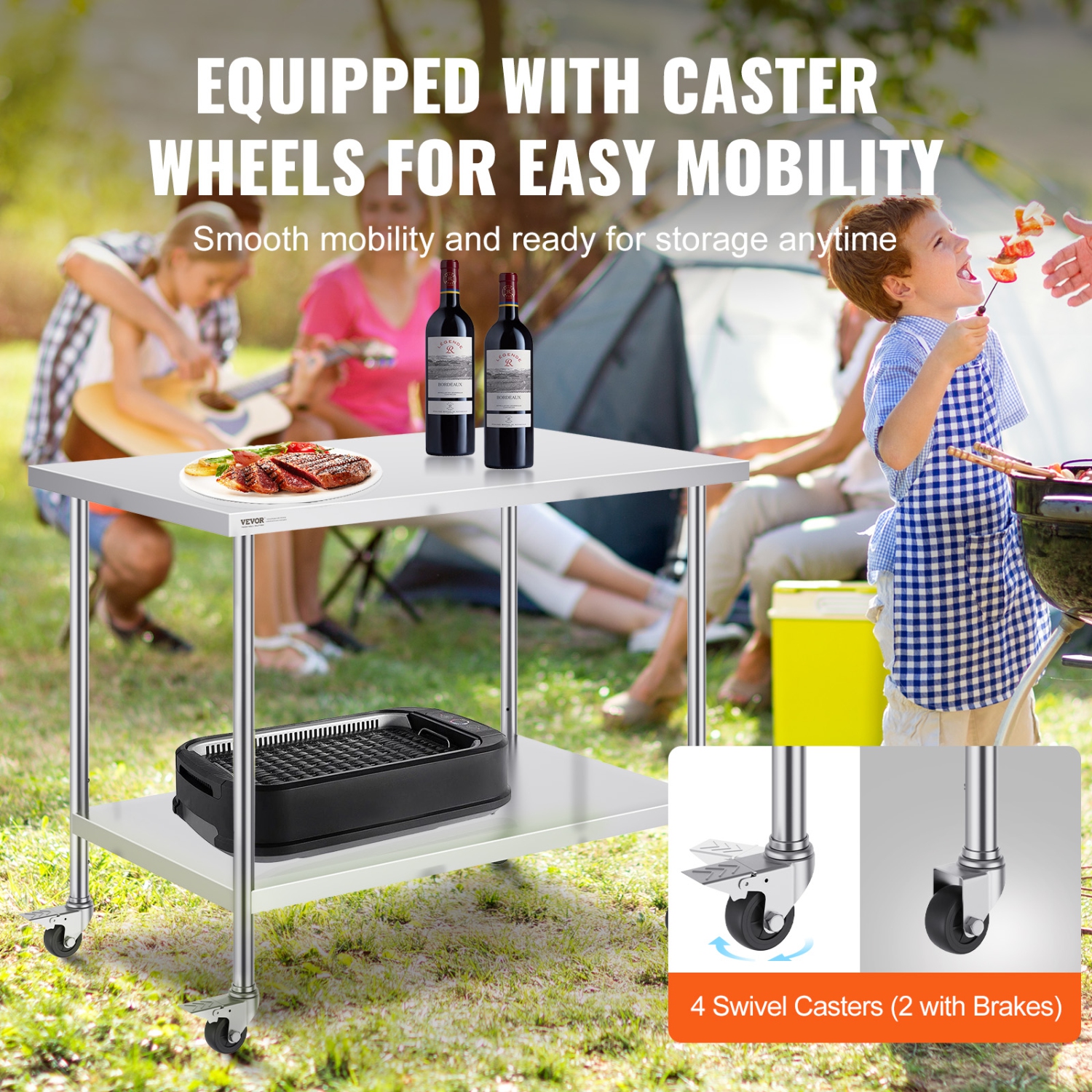 VEVOR 30 x 48 x 38 Inch Stainless Steel Work Table , with 4 Wheels, 3 Adjustable Height Levels, Heavy Duty Food Prep Worktable for Commercial Kitchen