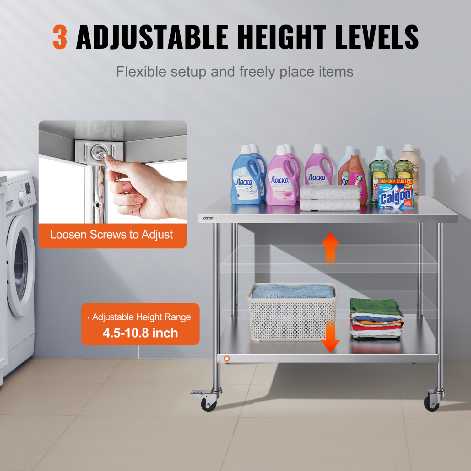 VEVOR 30 x 48 x 38 Inch Stainless Steel Work Table , with 4 Wheels, 3 Adjustable Height Levels, Heavy Duty Food Prep Worktable for Commercial Kitchen