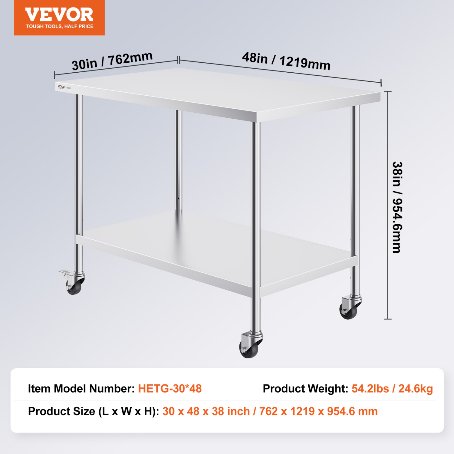 VEVOR 30 x 48 x 38 Inch Stainless Steel Work Table , with 4 Wheels, 3 Adjustable Height Levels, Heavy Duty Food Prep Worktable for Commercial Kitchen