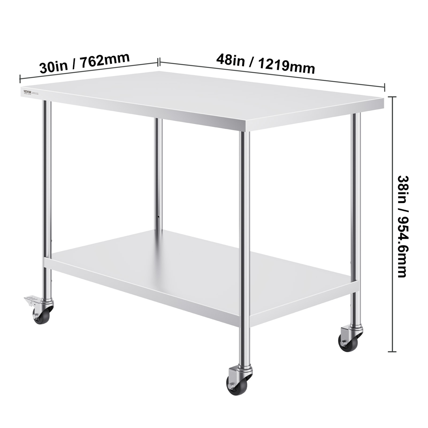 VEVOR 30 x 48 x 38 Inch Stainless Steel Work Table , with 4 Wheels, 3 Adjustable Height Levels, Heavy Duty Food Prep Worktable for Commercial Kitchen