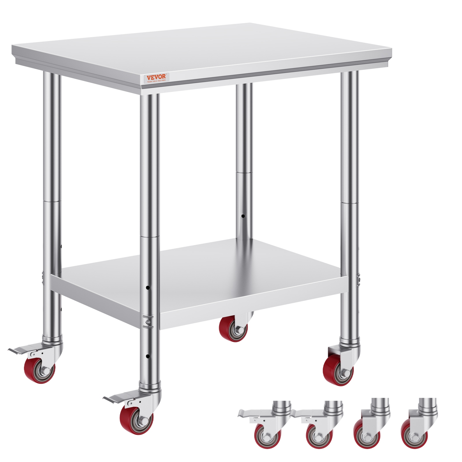 VEVOR 30 x 24 x 33 Inch Stainless Steel Work Table , 700 LBS Load Capacity with 4 Wheels, 3 Adjustable Height Levels, Heavy Duty Food Prep Worktable