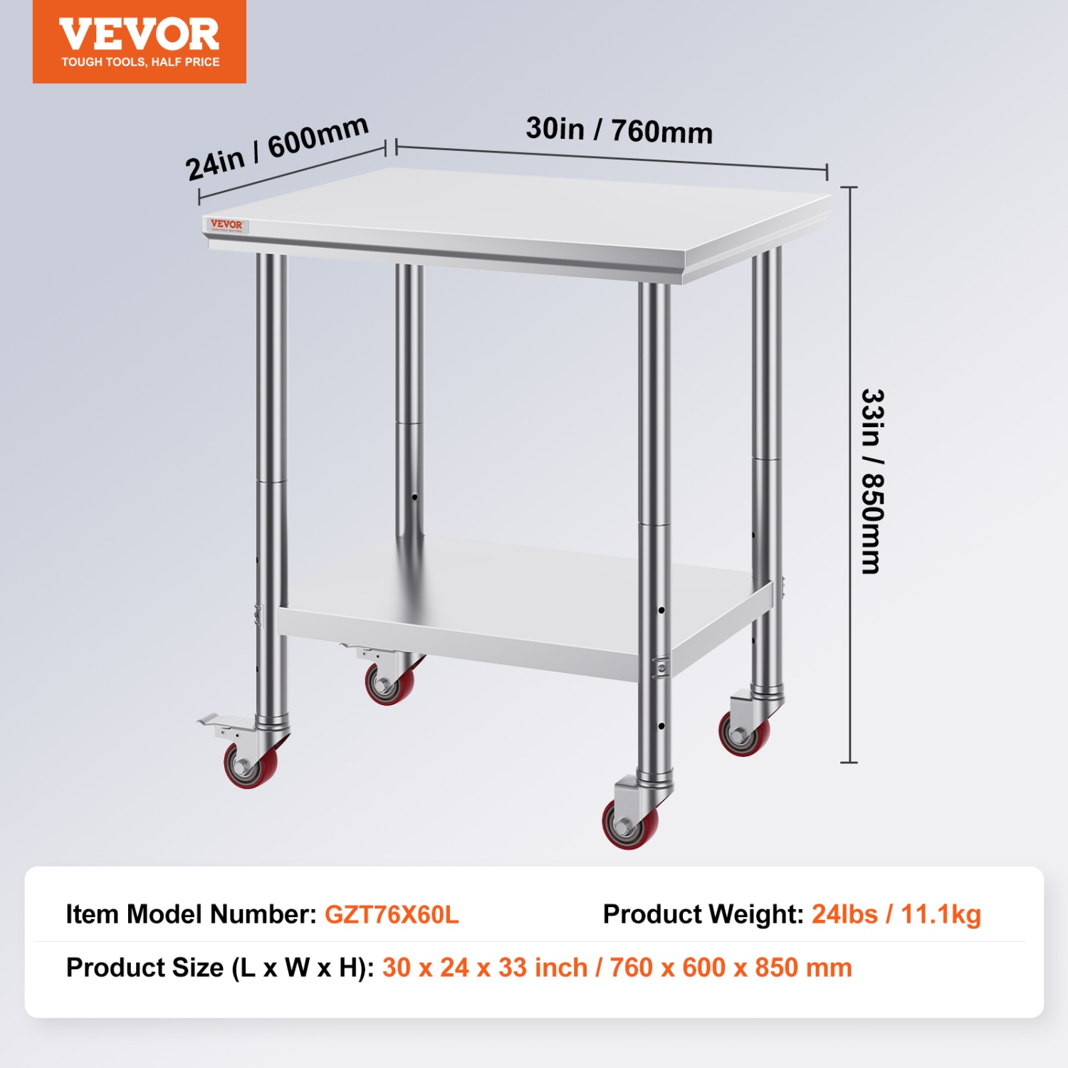 VEVOR 30 x 24 x 33 Inch Stainless Steel Work Table , 700 LBS Load Capacity with 4 Wheels, 3 Adjustable Height Levels, Heavy Duty Food Prep Worktable