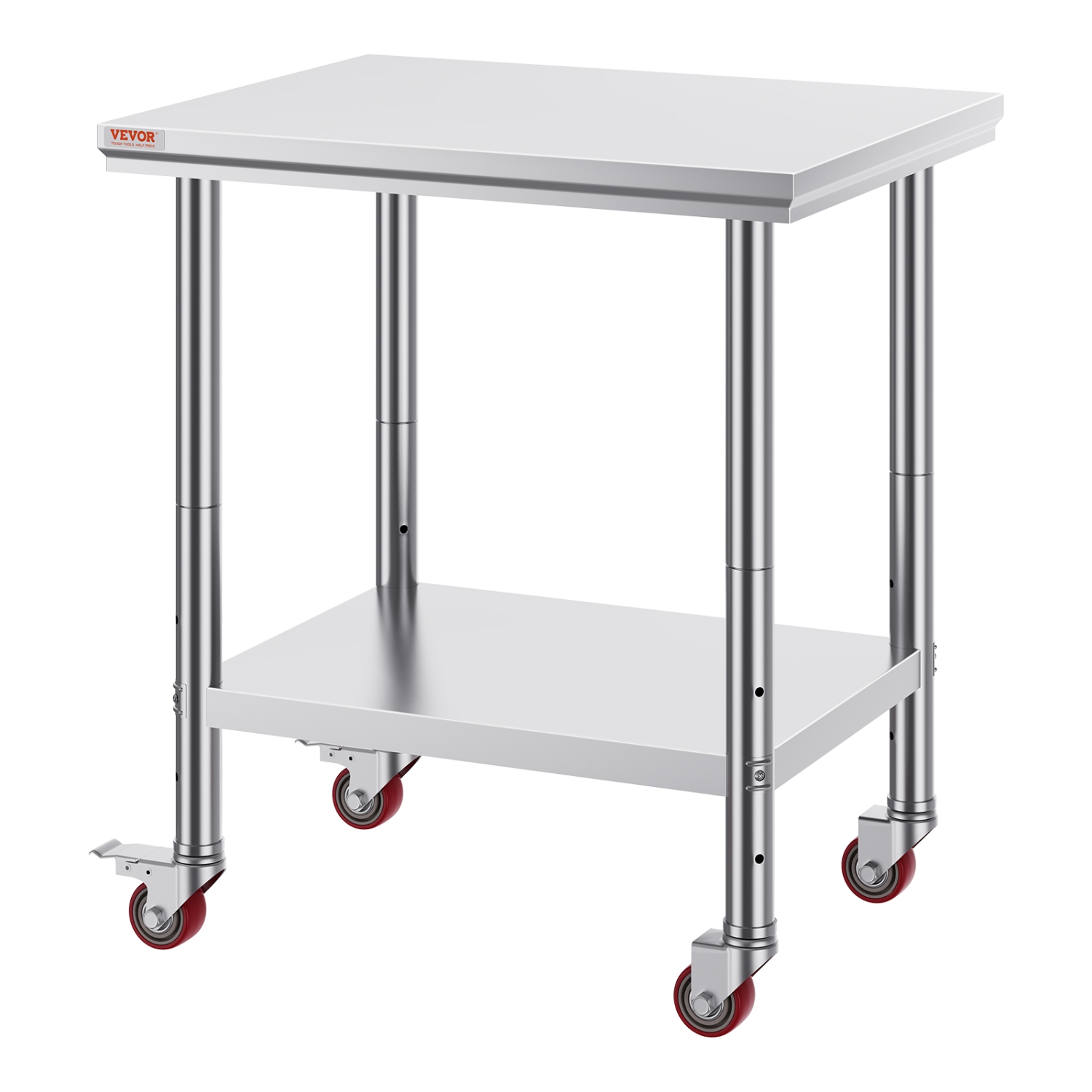 VEVOR 30 x 24 x 33 Inch Stainless Steel Work Table , 700 LBS Load Capacity with 4 Wheels, 3 Adjustable Height Levels, Heavy Duty Food Prep Worktable