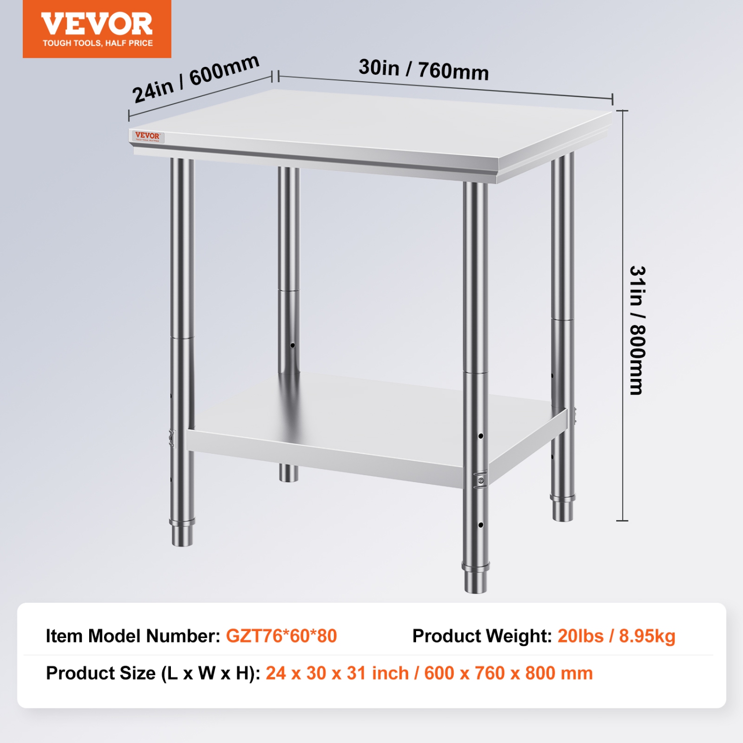 VEVOR 24 x 30 x 31 Inch Stainless Steel Prep Table, 700 lbs Load Capacity, Heavy Duty Metal Worktable with 3 Adjustable Height Levels, Commercial