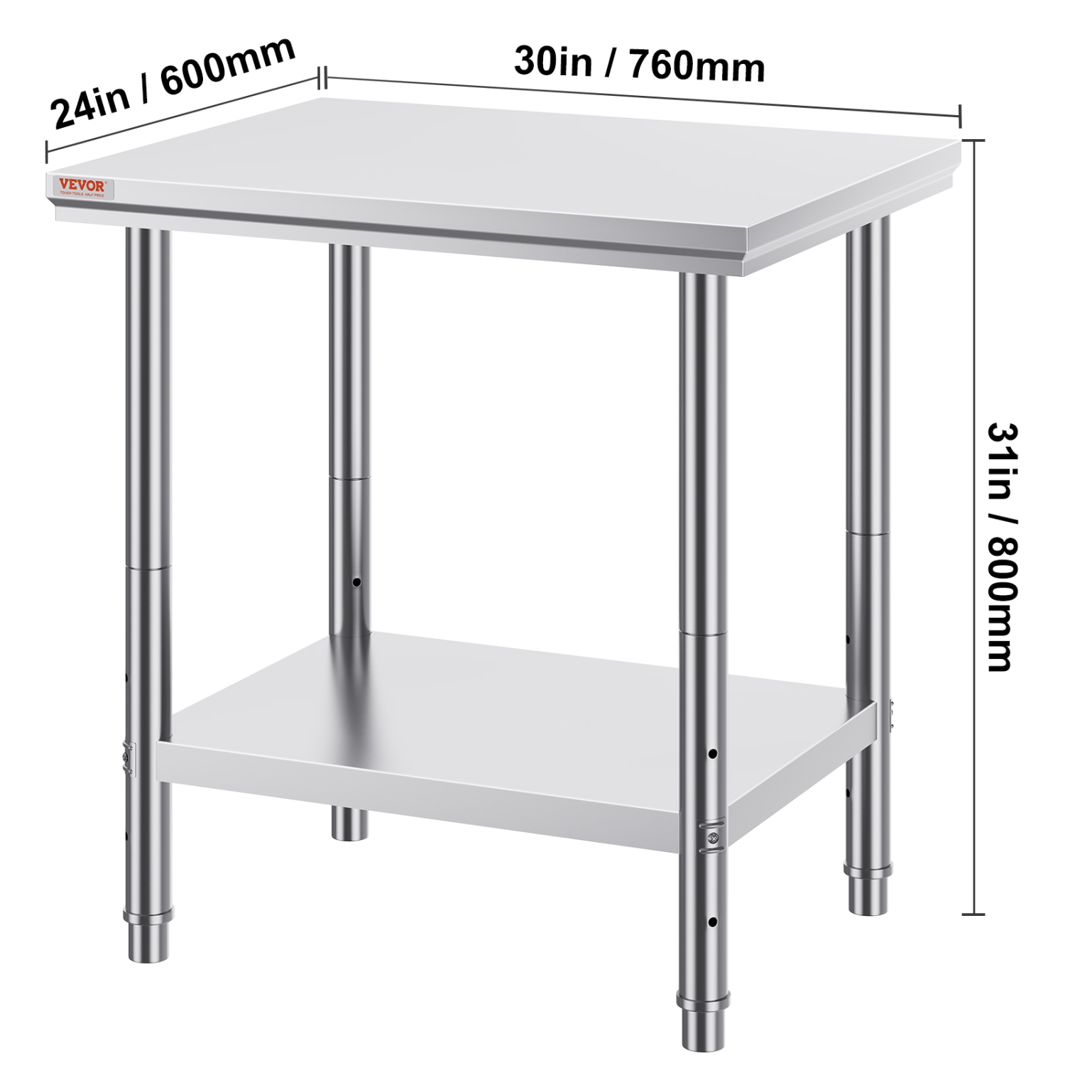 VEVOR 24 x 30 x 31 Inch Stainless Steel Prep Table, 700 lbs Load Capacity, Heavy Duty Metal Worktable with 3 Adjustable Height Levels, Commercial