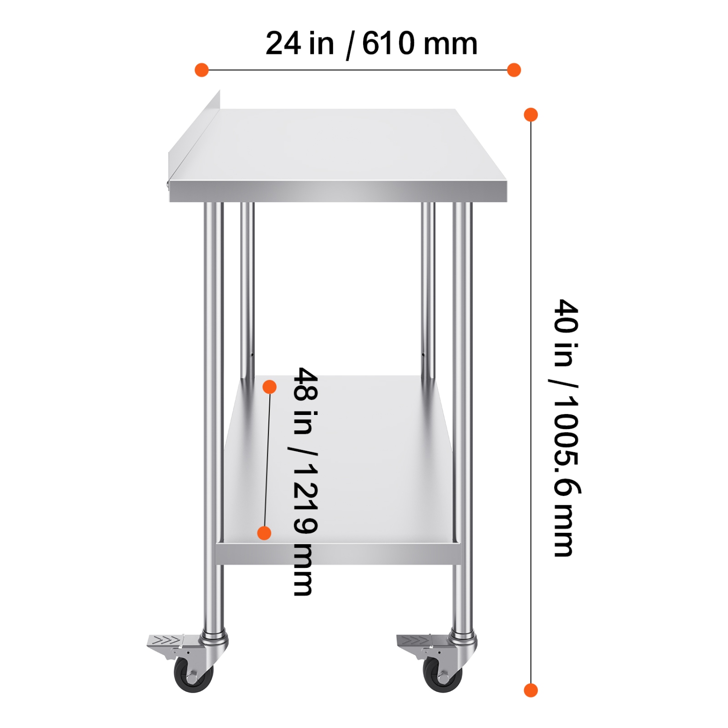 VEVOR 24 x 48 x 40 Inch Stainless Steel Work Table, Commercial Food Prep Worktable with Casters, Heavy Duty Prep Worktable, Metal Work Table with