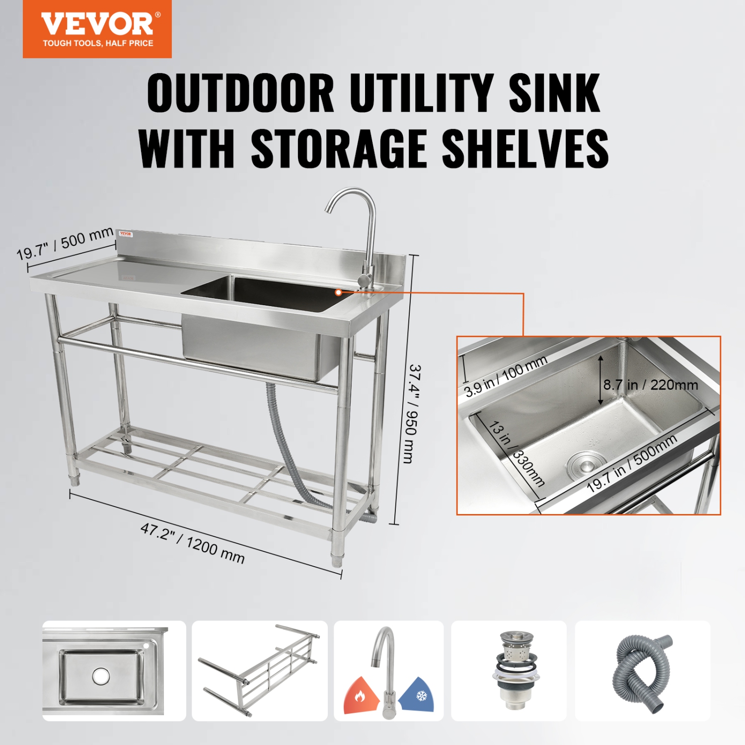 VEVOR 47.2 x 19.7 x 37.4 in Stainless Steel Utility Sink, Free Standing Small Sink w/Workbench Faucet & legs, 1 Compartment Commercial Single Bowl