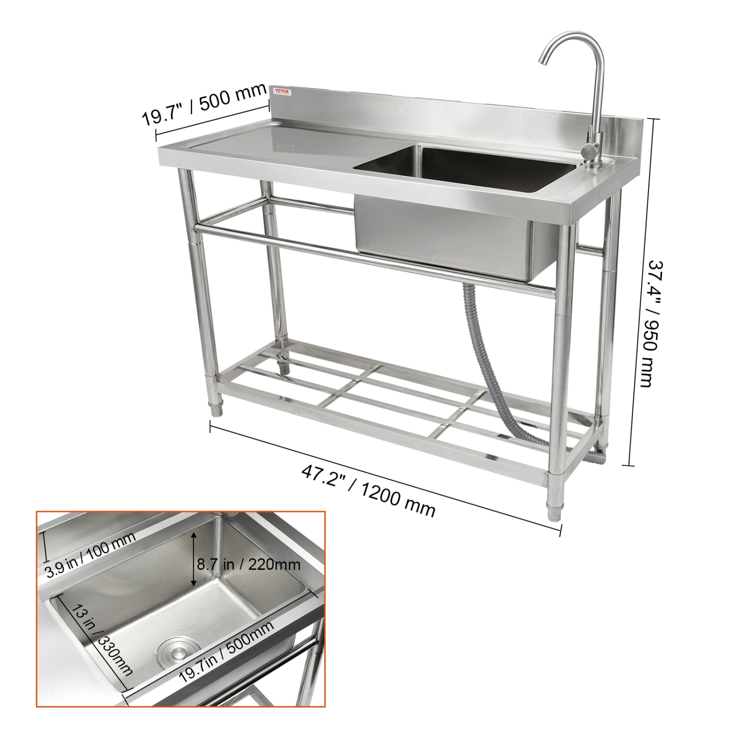 VEVOR 47.2 x 19.7 x 37.4 in Stainless Steel Utility Sink, Free Standing Small Sink w/Workbench Faucet & legs, 1 Compartment Commercial Single Bowl