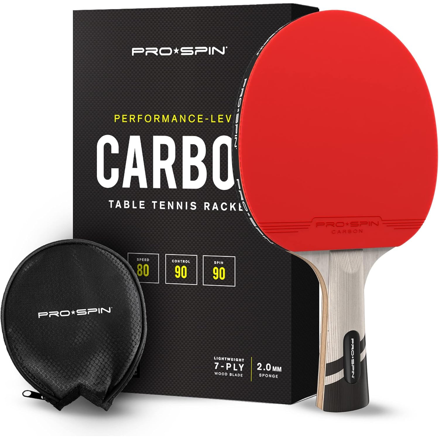 Ping Pong Paddle,Table Tennis Racket with Carbon Fibre, 2.0mm Sponge, 7-Ply Blade with Rubber Protector Case for Table Tennis Paddles, Red