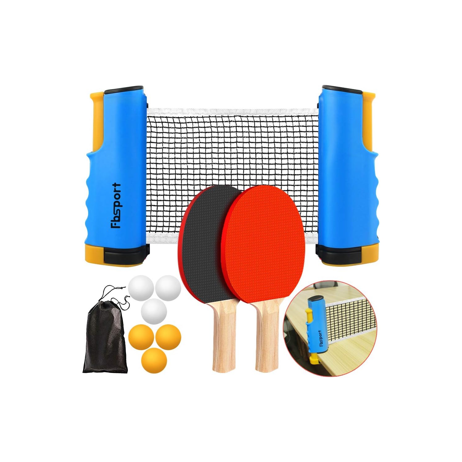 Ping Pong Paddle Set with Retractable Net and Backpack for Any Table, Table Tennis Racket Set for Indoor/Outdoor, Blue