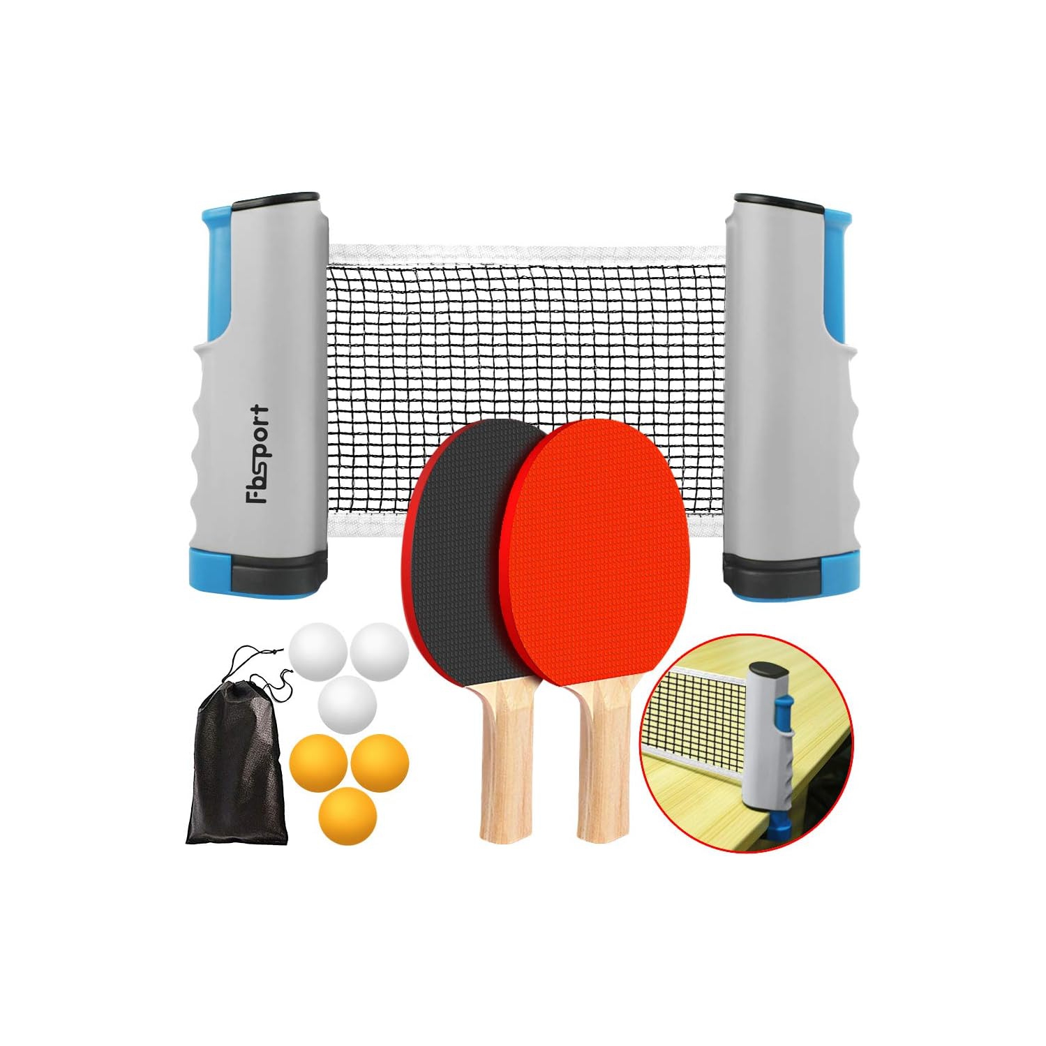 Ping Pong Paddle Set with Retractable Net and Backpack for Any Table, Table Tennis Racket Set for Indoor/Outdoor, Gray