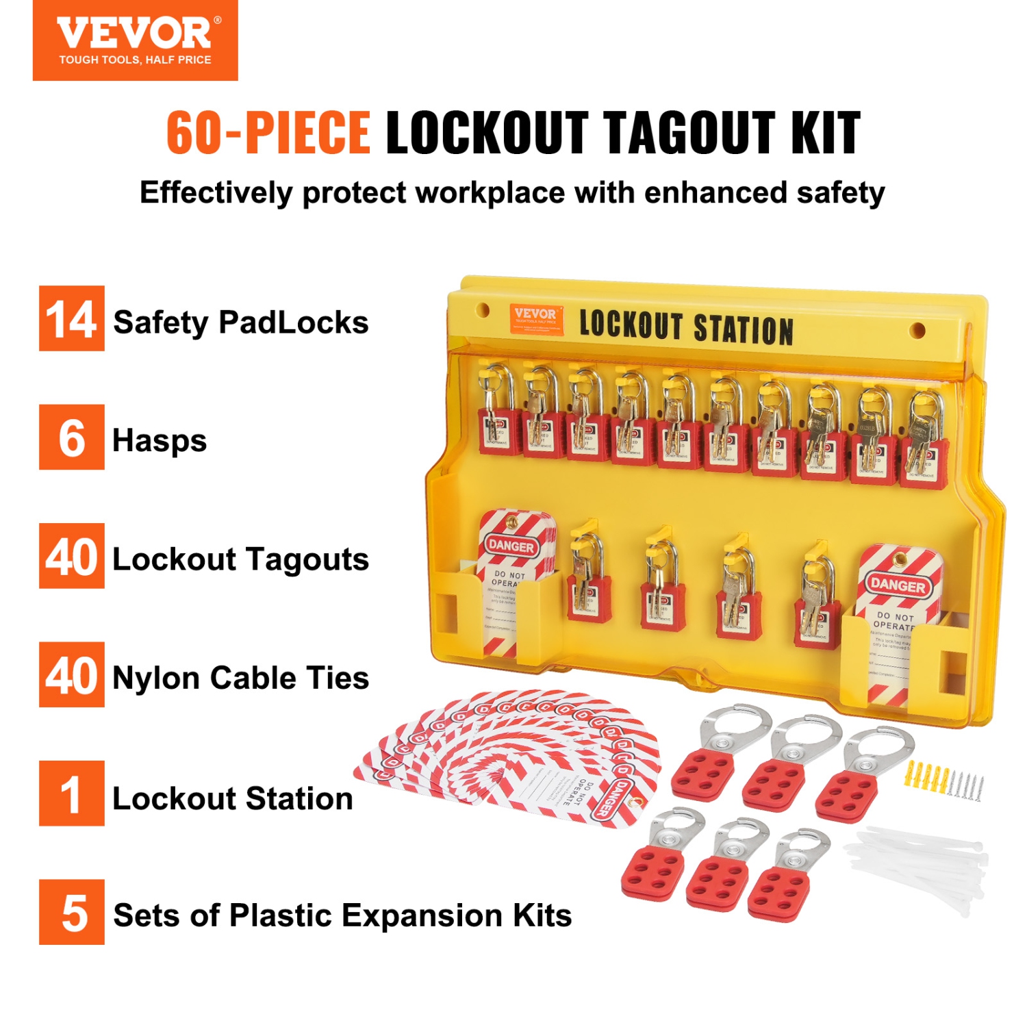 VEVOR 60 PCS Electrical Lockout Tagout Kit, Safety Lockout Tagout Station Includes Padlocks, Hasps, Tags, Nylon Ties, Expansion Kit, and Lockout