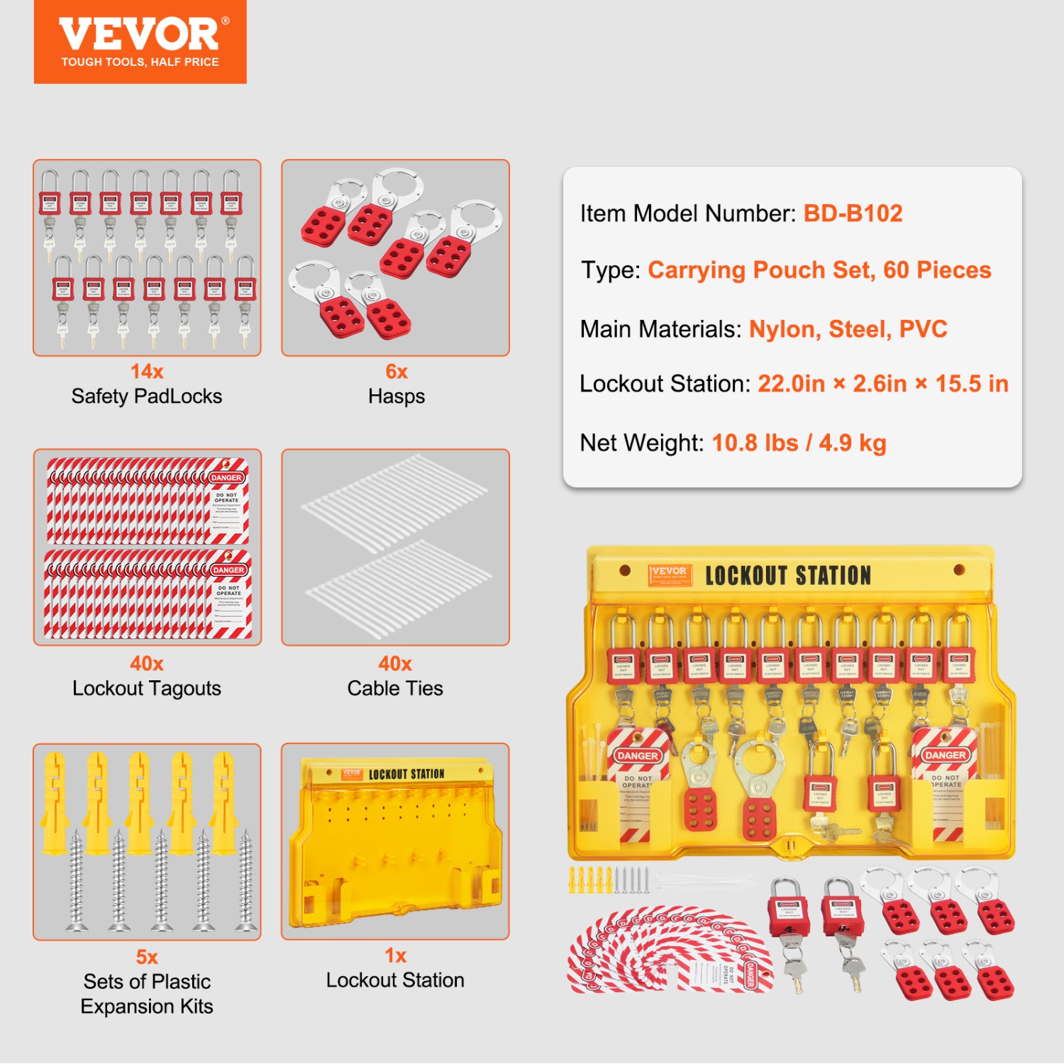 VEVOR 60 PCS Electrical Lockout Tagout Kit, Safety Lockout Tagout Station Includes Padlocks, Hasps, Tags, Nylon Ties, Expansion Kit, and Lockout