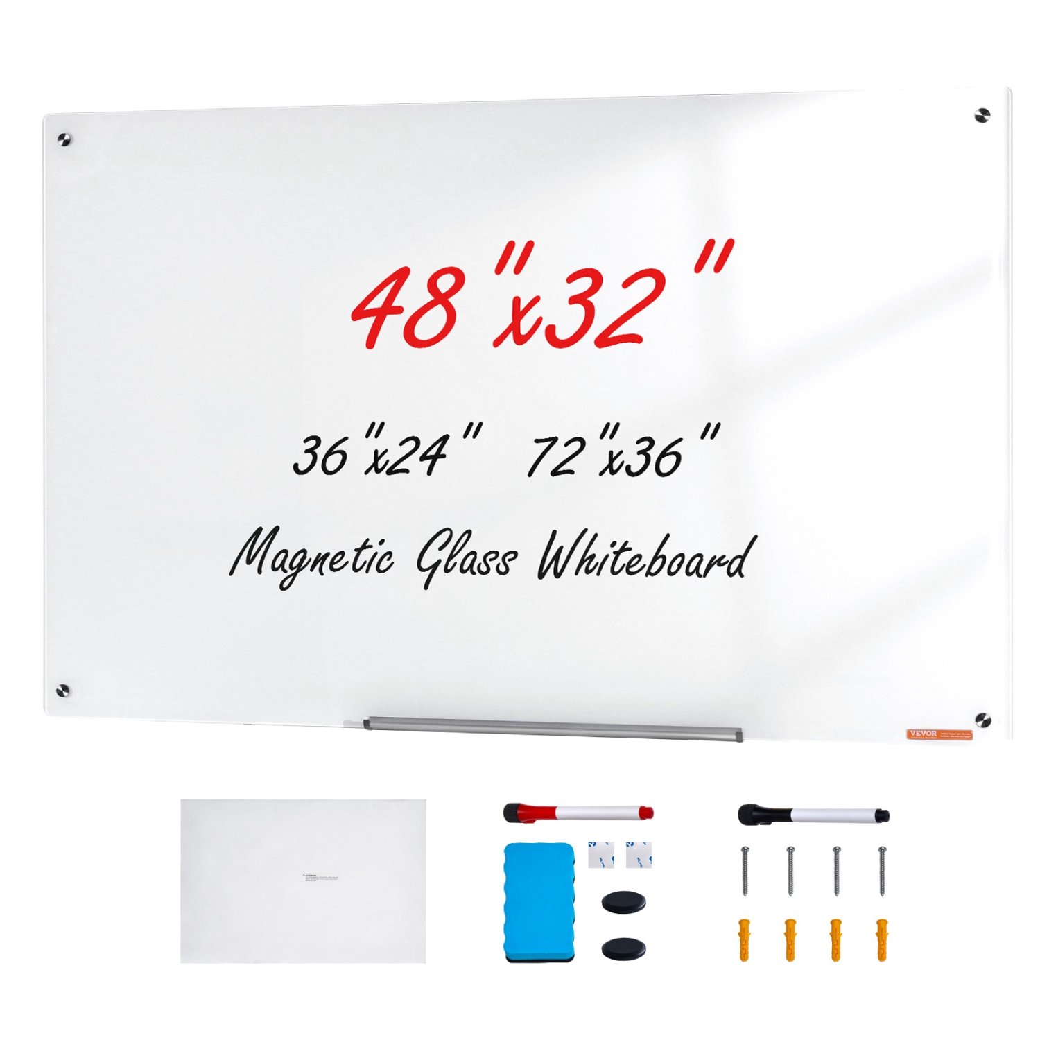 VEVOR 48"x32" Magnetic Glass Whiteboard, Dry Erase Board, Wall-Mounted Large White Glassboard Frameless, with Marker Tray, an Eraser and 2 Markers,