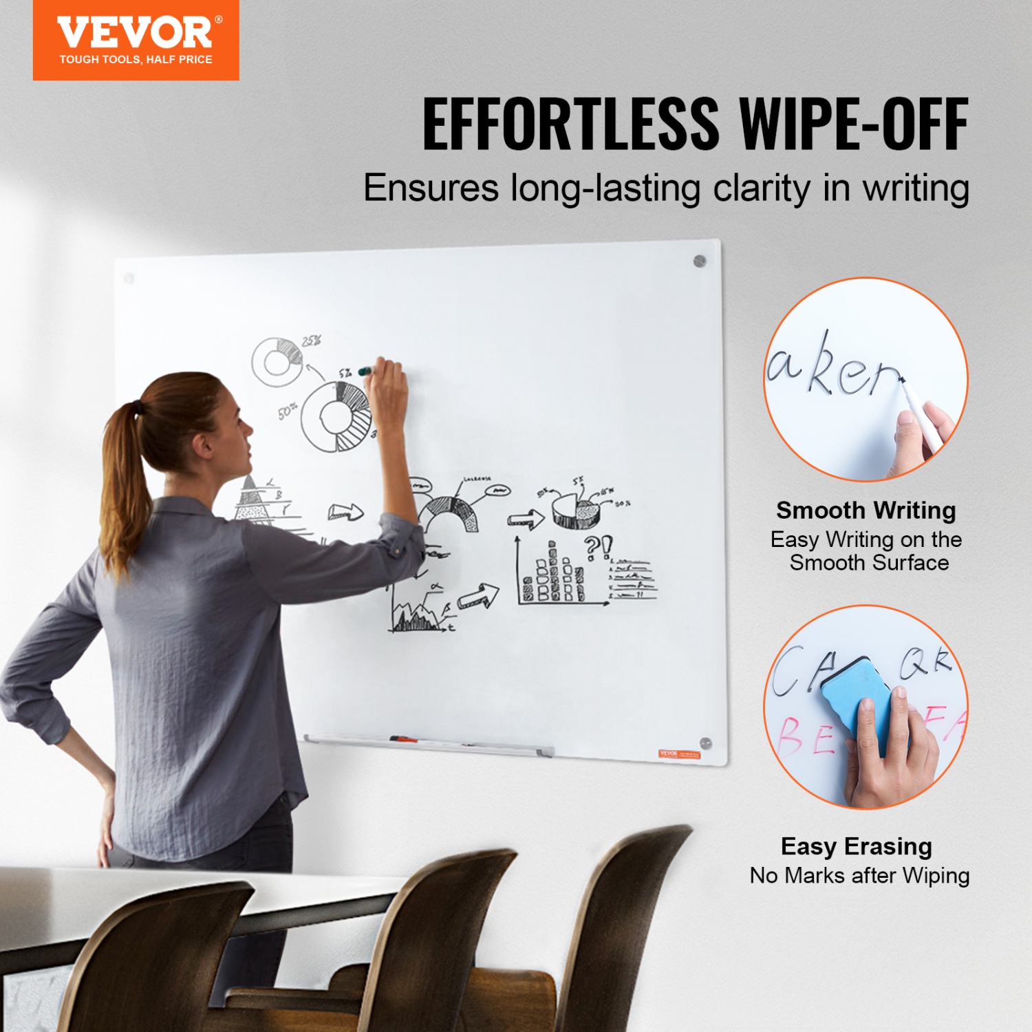 VEVOR 48"x32" Magnetic Glass Whiteboard, Dry Erase Board, Wall-Mounted Large White Glassboard Frameless, with Marker Tray, an Eraser and 2 Markers,