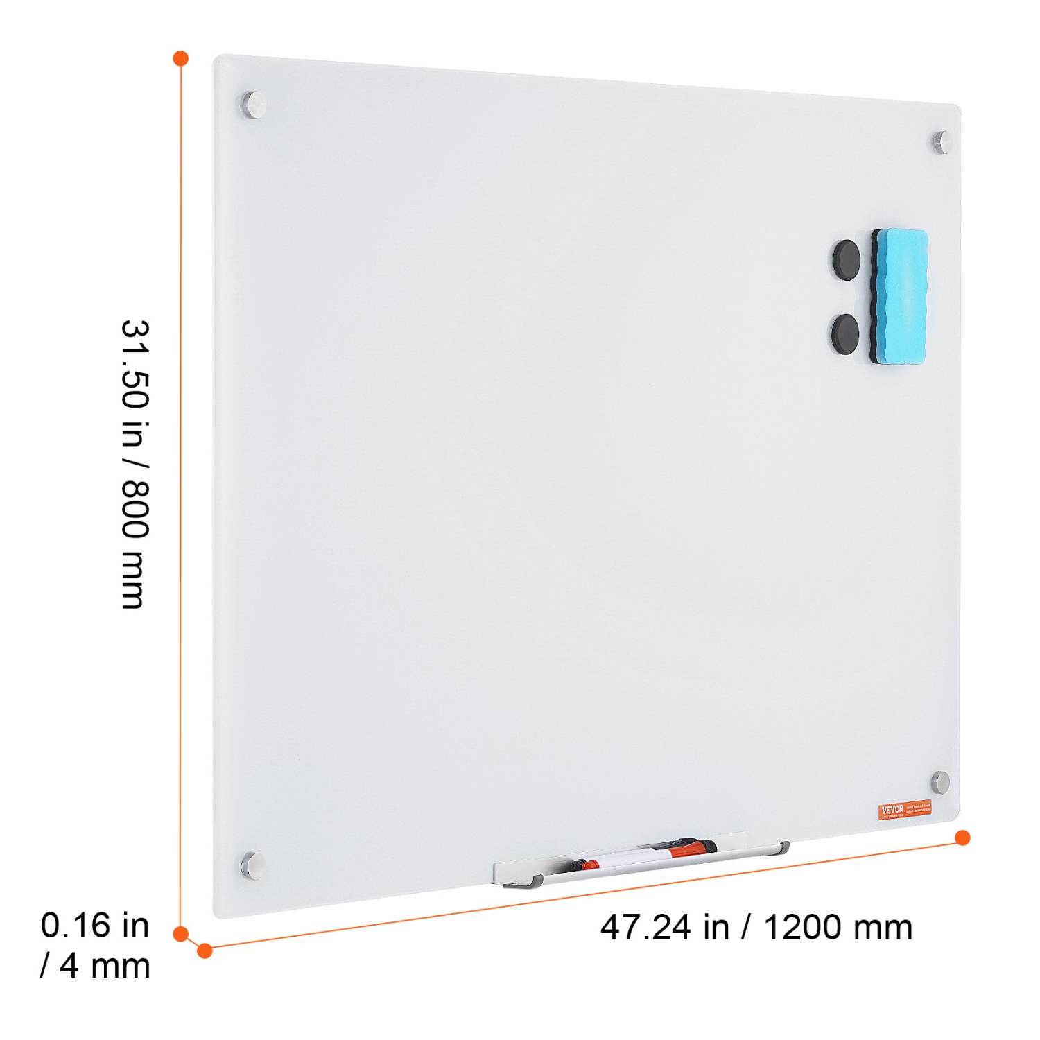 VEVOR 48"x32" Magnetic Glass Whiteboard, Dry Erase Board, Wall-Mounted Large White Glassboard Frameless, with Marker Tray, an Eraser and 2 Markers,