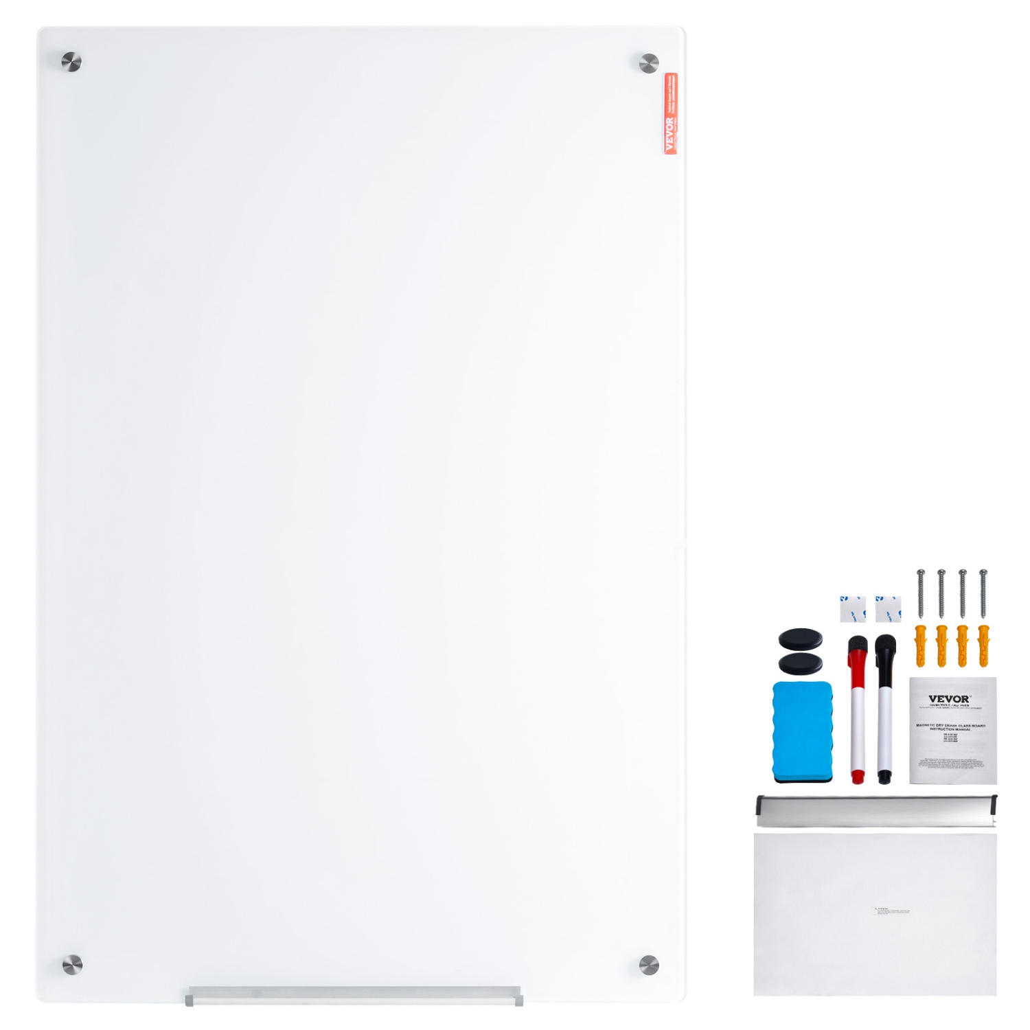 VEVOR 48"x32" Magnetic Glass Whiteboard, Dry Erase Board, Wall-Mounted Large White Glassboard Frameless, with Marker Tray, an Eraser and 2 Markers,