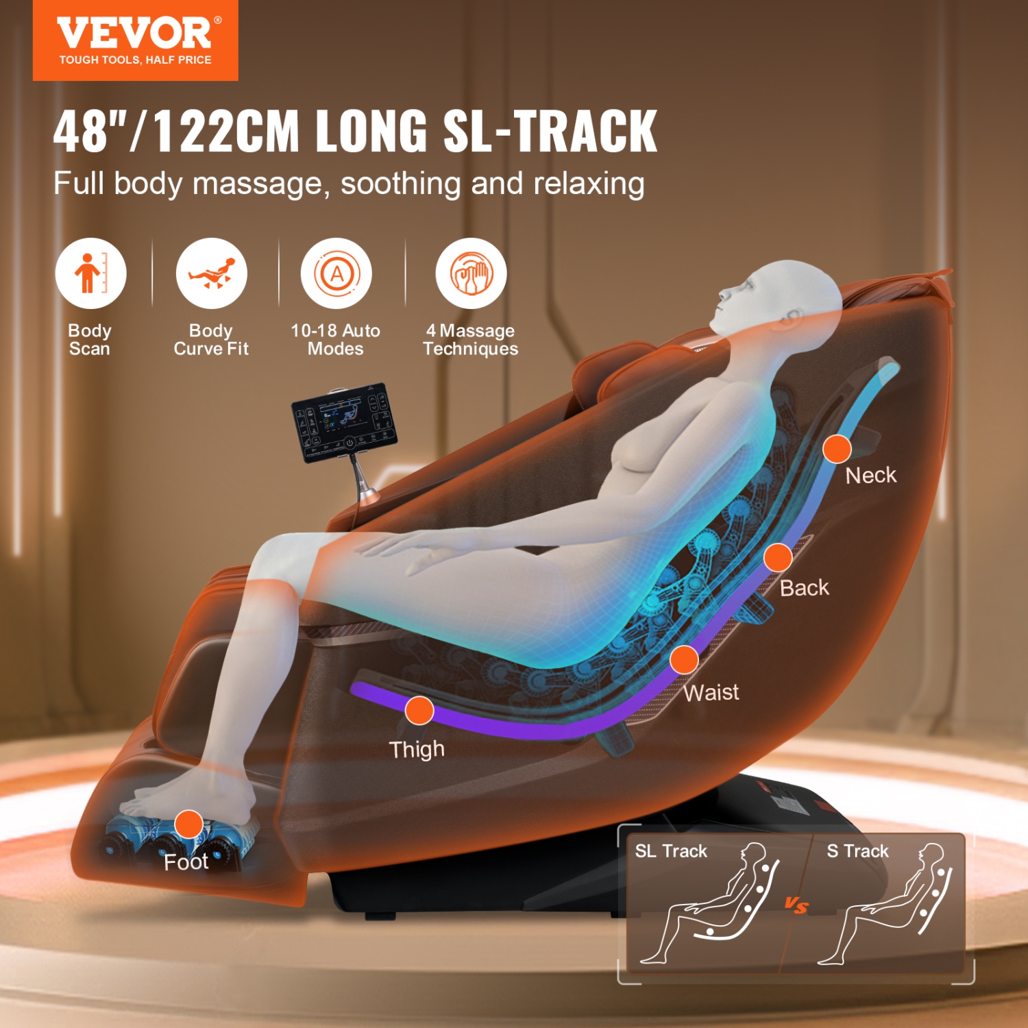 VEVOR Massage Chair with Flexible SL-Track, Full Body Zero Gravity Recliner, 10-18 Auto Modes, 3D Shiatsu, Heating, Bluetooth Speaker, Airbag, Foot