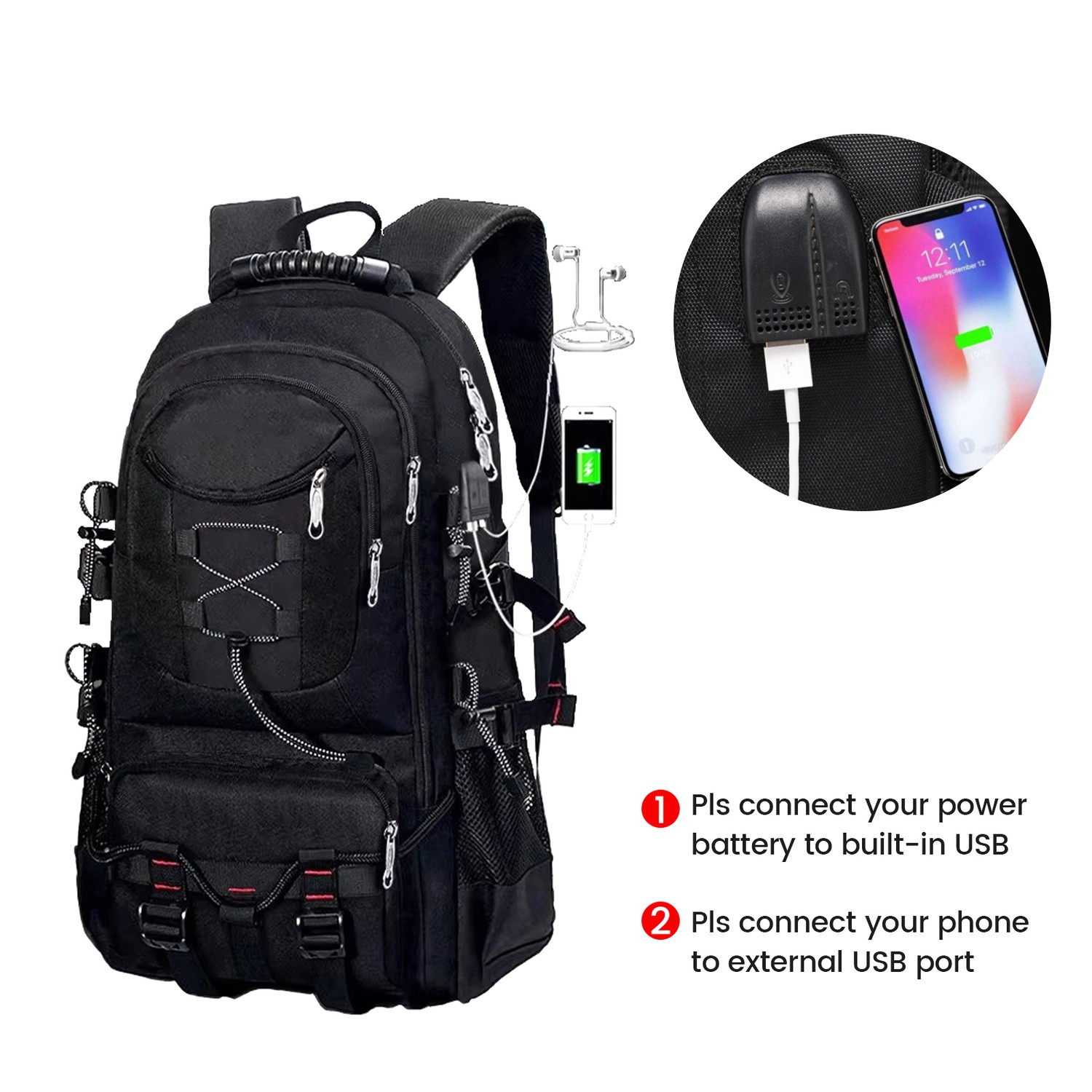Sac à dos de voyage, sac à dos étanche pour ordinateur, sac à dos décontracté pour ordinateur de 17&nbsp;po avec port USB