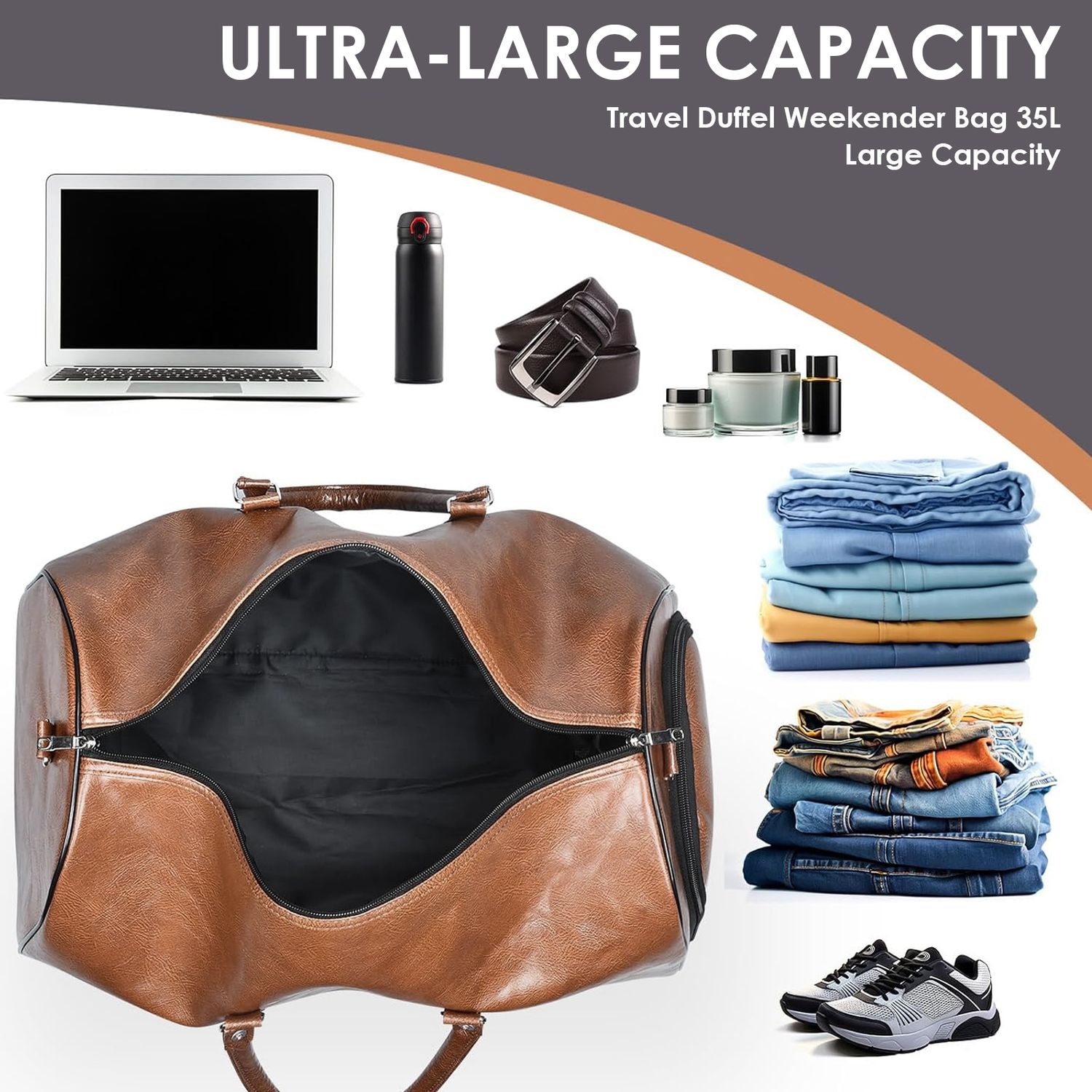 Large Leather Travel Bag, Waterproof Storage Bag for Men, Foldable Fitness Bag