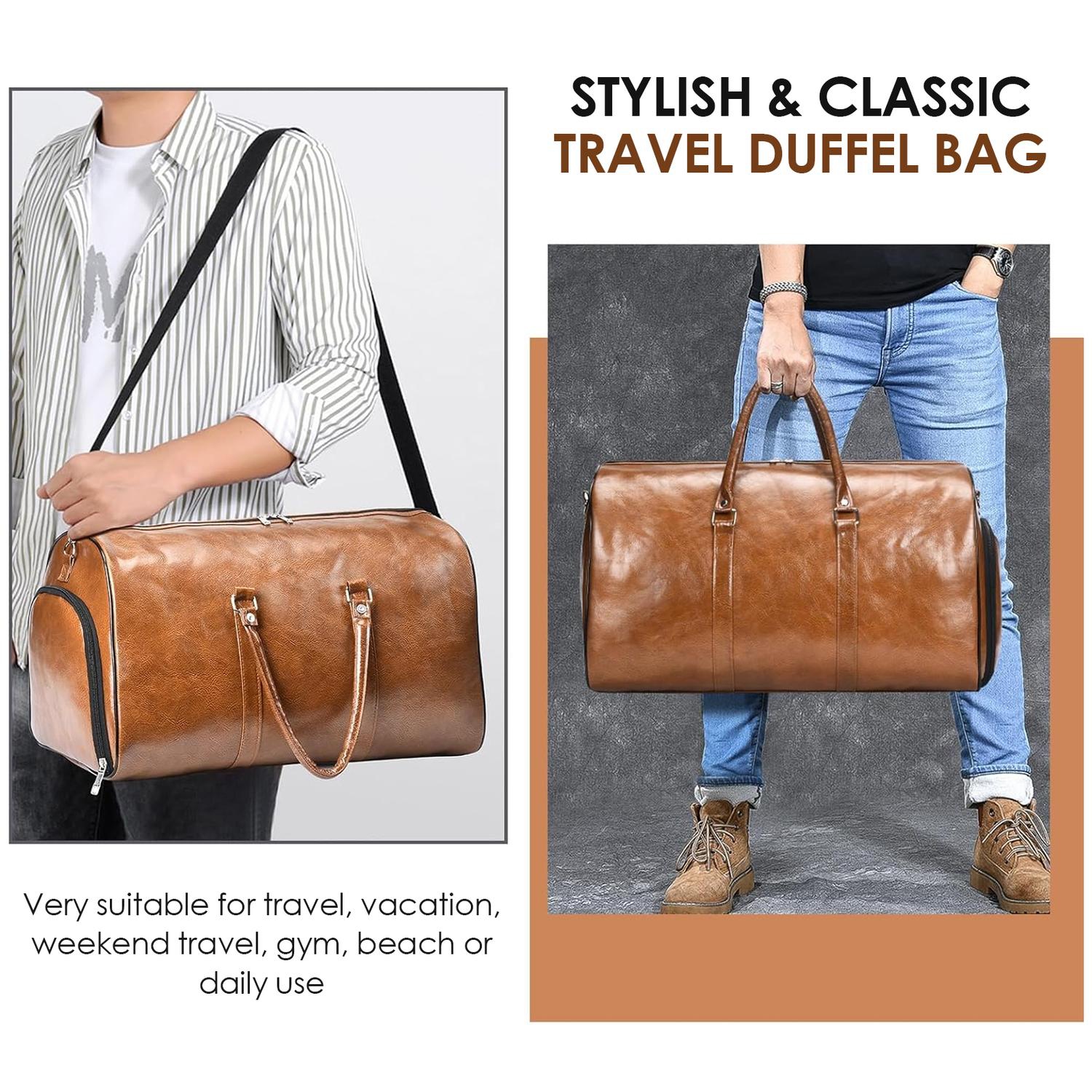 Large Leather Travel Bag, Waterproof Storage Bag for Men, Foldable Fitness Bag