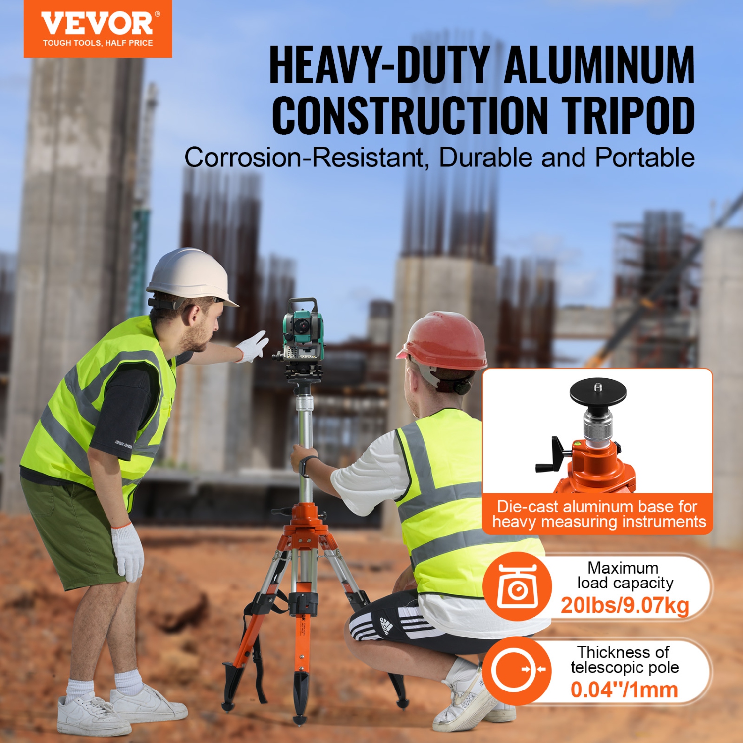 VEVOR Laser Level Tripod Stand, 5/8"-11 Thread Mount, 27.16-67.71 inch Height Adjustment Heavy Duty Survey Tripod, with Level Bubble & Diffusion