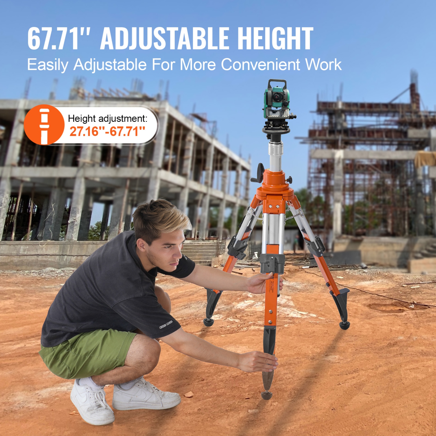 VEVOR Laser Level Tripod Stand, 5/8"-11 Thread Mount, 27.16-67.71 inch Height Adjustment Heavy Duty Survey Tripod, with Level Bubble & Diffusion