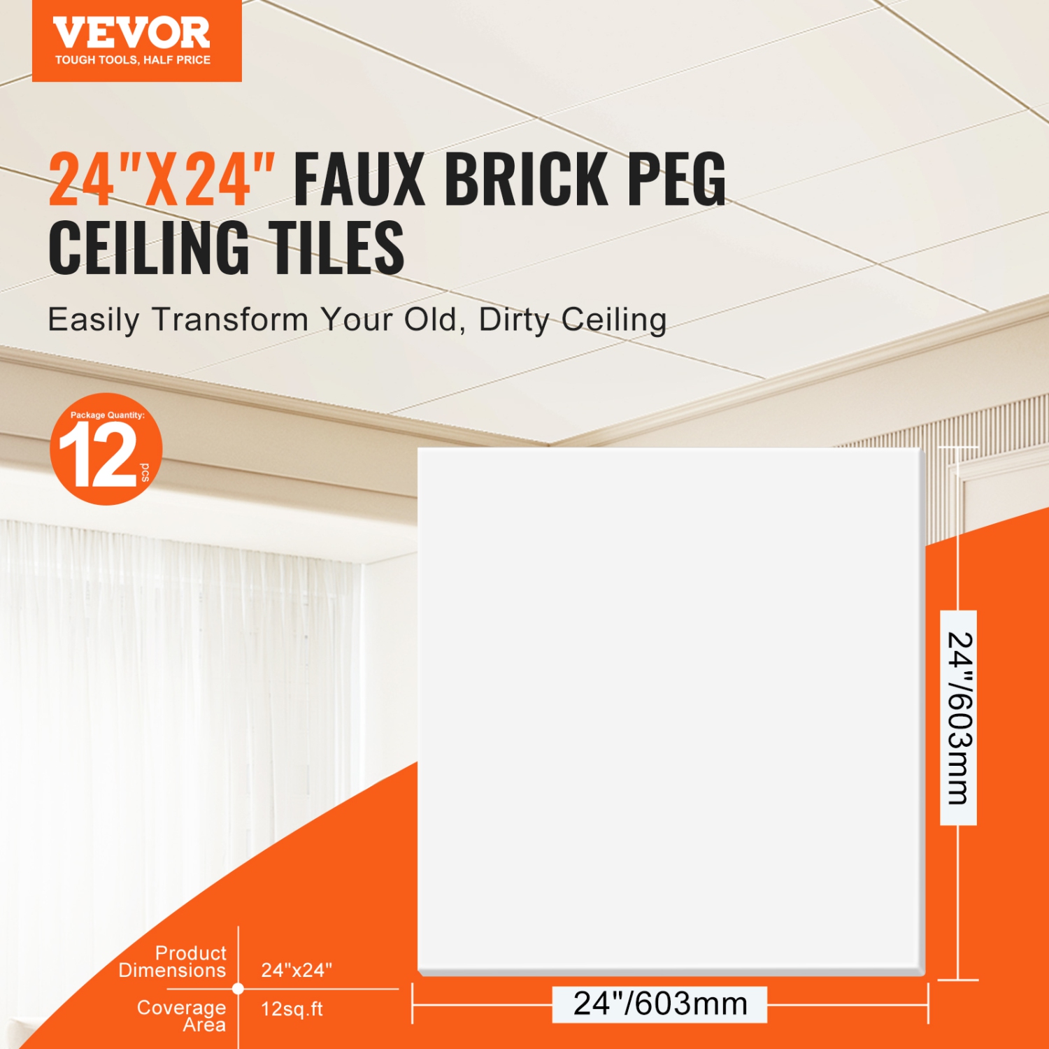 VEVOR 12-Pack Ceiling Tiles, 24 x 24 in, Drop Ceiling Tiles Premium PVC Foam Sheet, Fire-Rated & Good Flexibility & Easy Installation, Ceiling