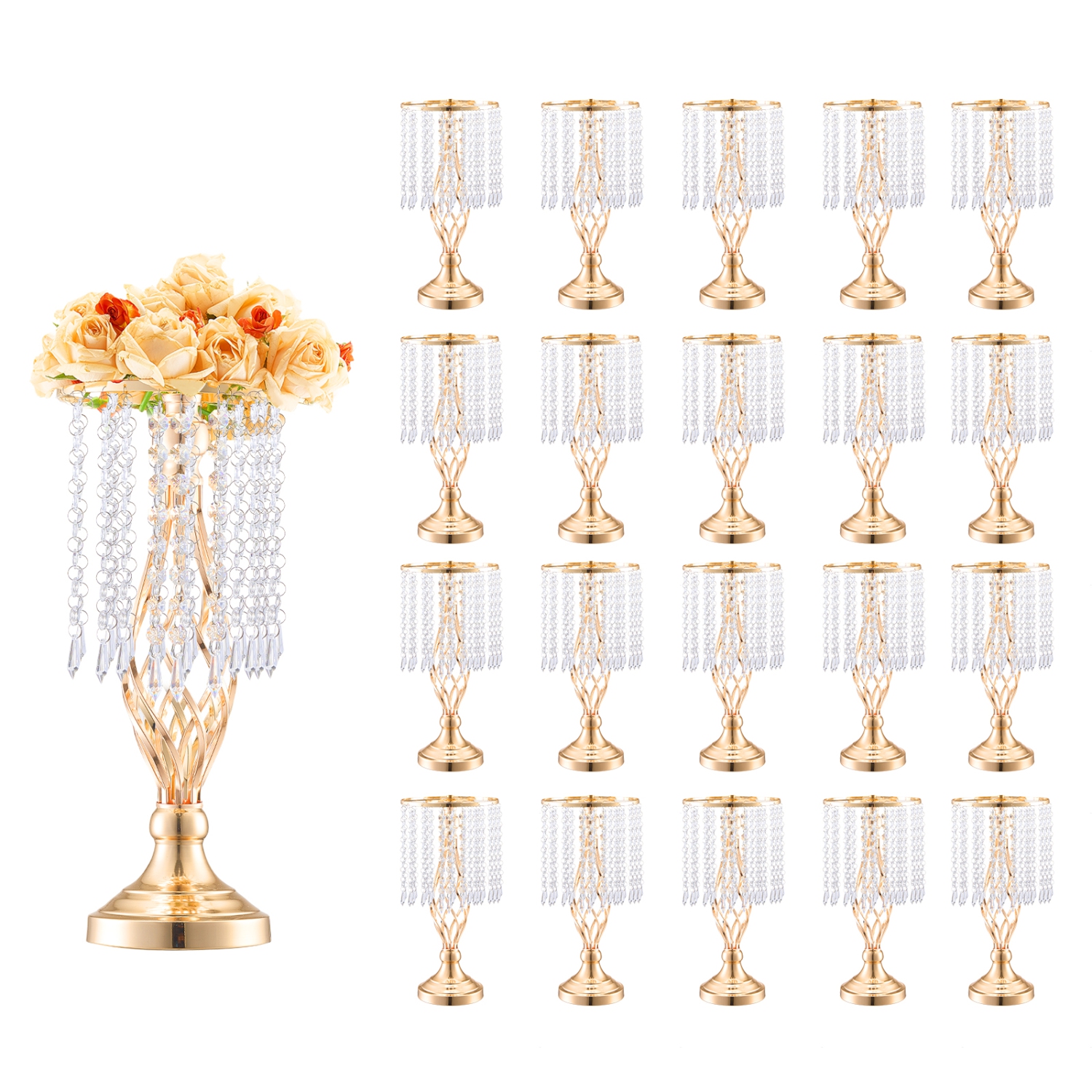 VEVOR 20PCS 43&nbsp;cm/16,9" Grand support de fleurs de mariage en cristal, centre de table de mariage en métal, support de présentation floral doré