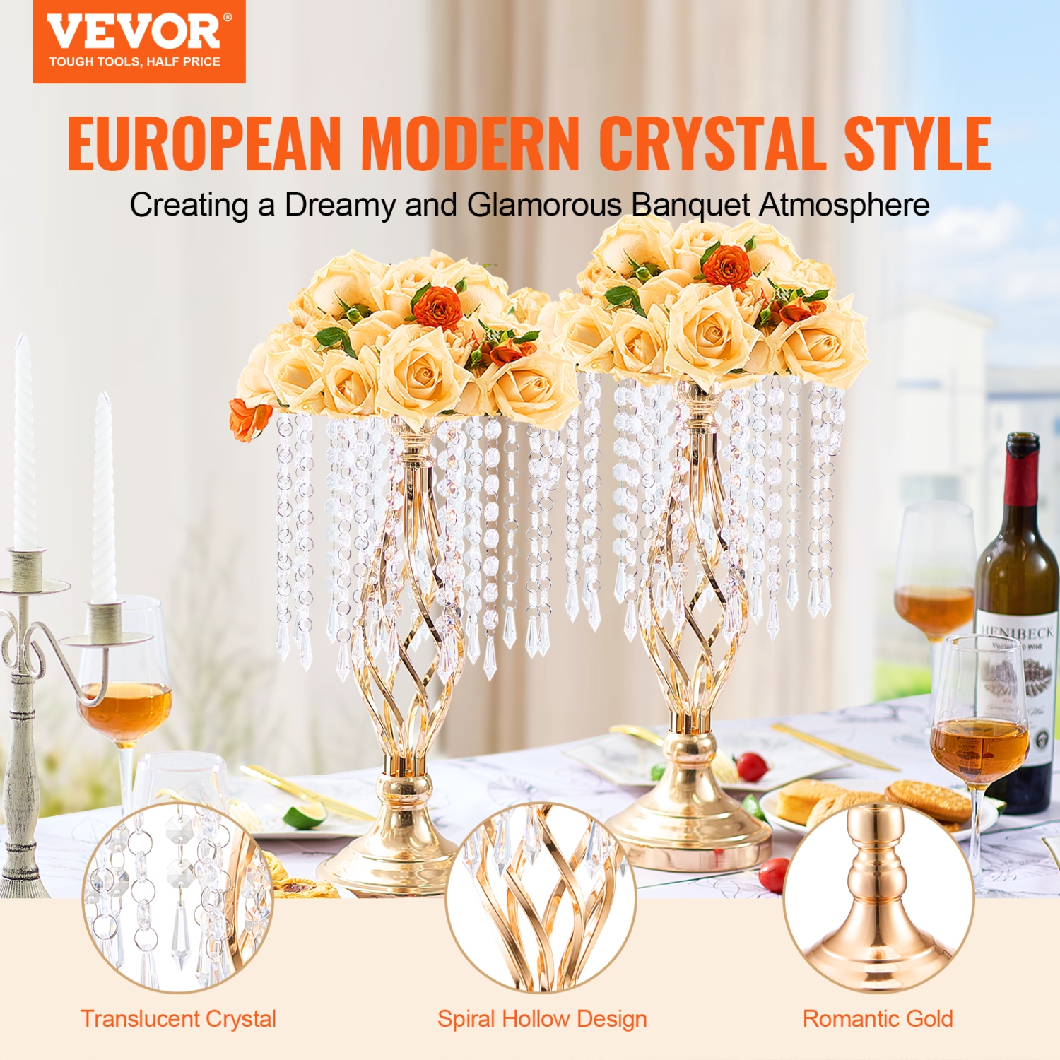 VEVOR 20PCS 43&nbsp;cm/16,9" Grand support de fleurs de mariage en cristal, centre de table de mariage en métal, support de présentation floral doré