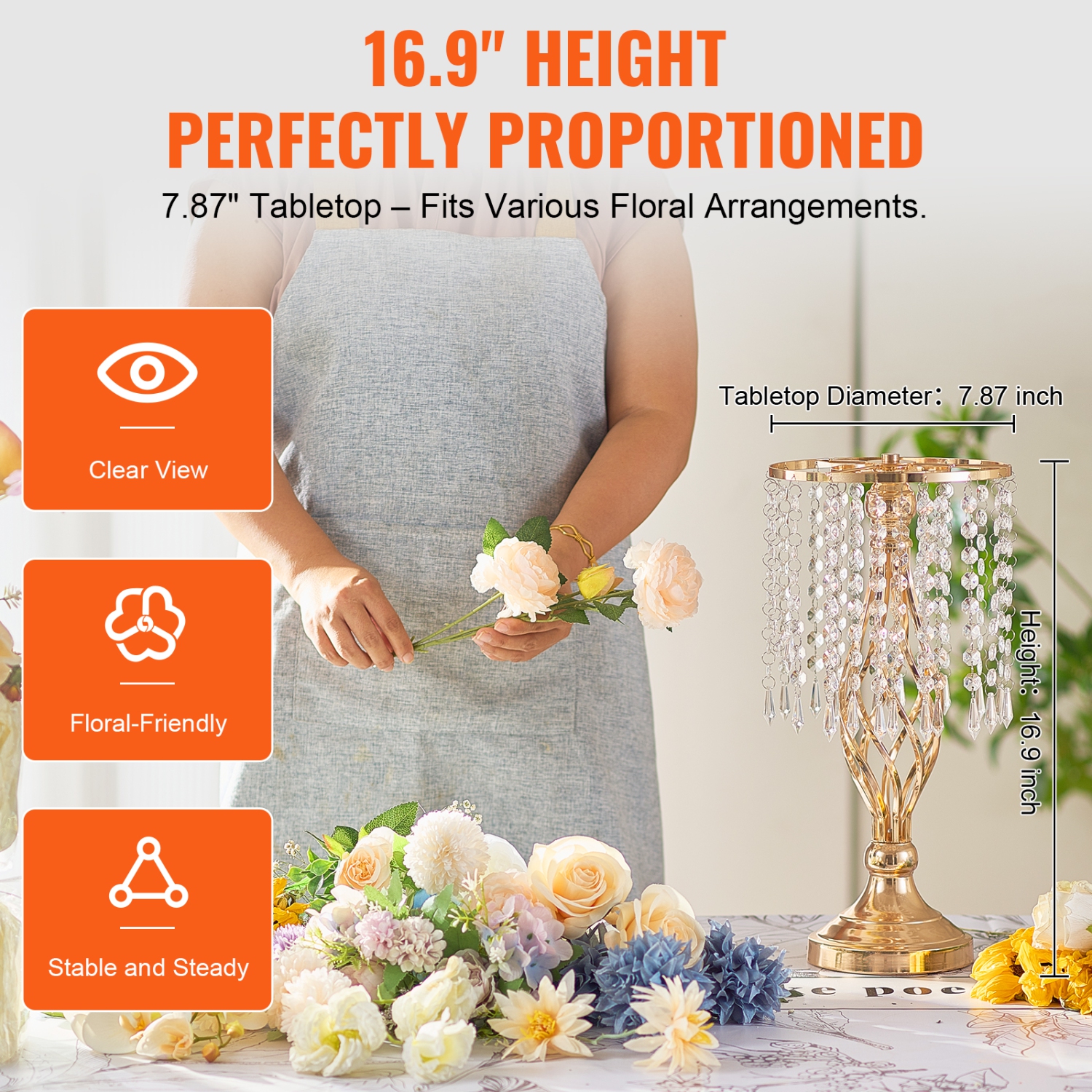 VEVOR 20PCS 43&nbsp;cm/16,9" Grand support de fleurs de mariage en cristal, centre de table de mariage en métal, support de présentation floral doré