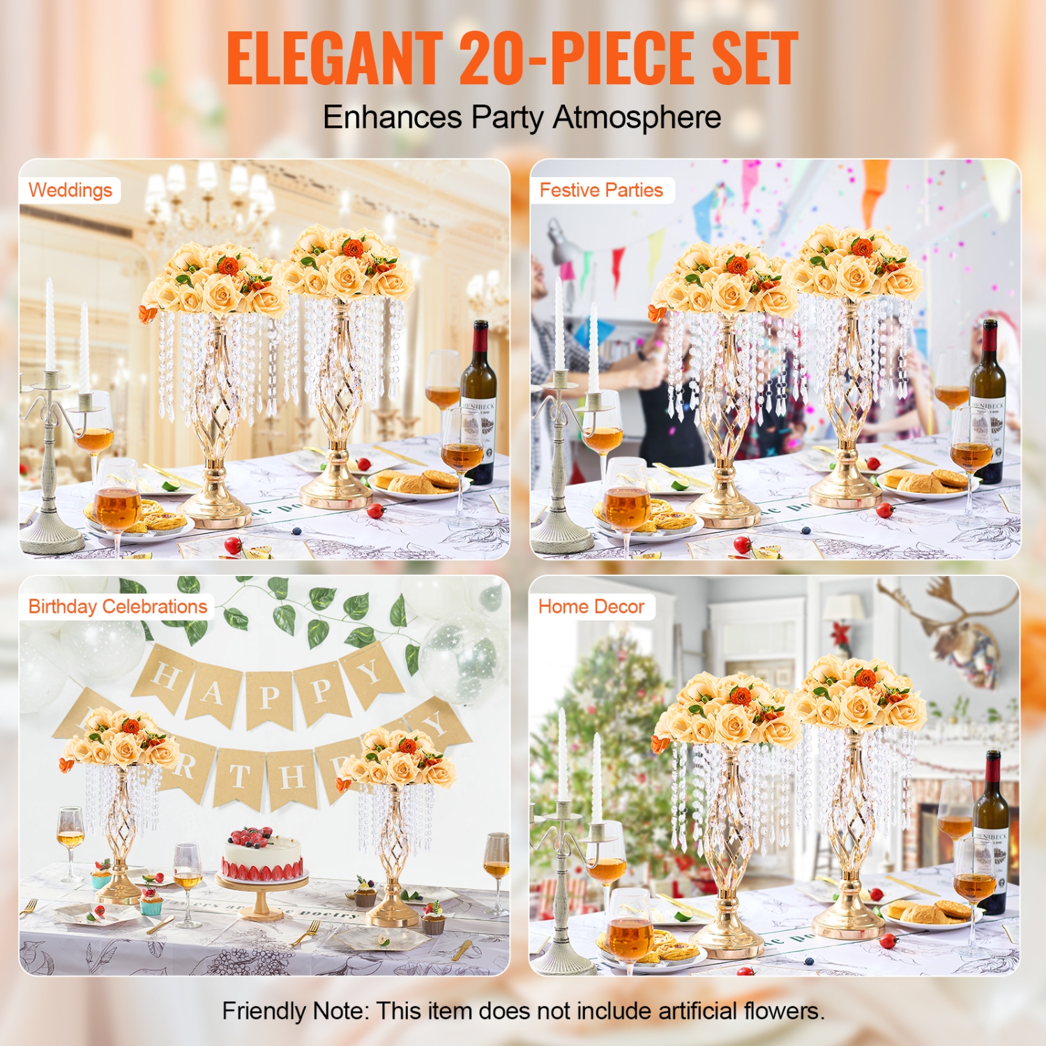 VEVOR 20PCS 43&nbsp;cm/16,9" Grand support de fleurs de mariage en cristal, centre de table de mariage en métal, support de présentation floral doré