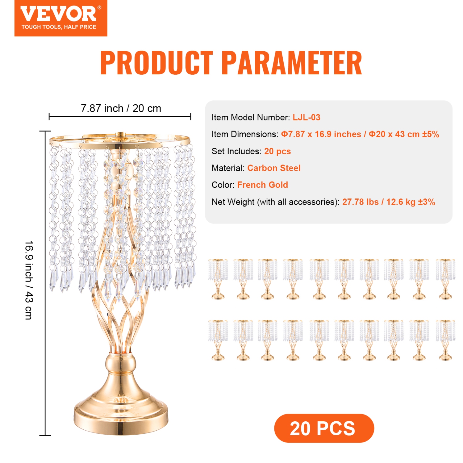 VEVOR 20PCS 43&nbsp;cm/16,9" Grand support de fleurs de mariage en cristal, centre de table de mariage en métal, support de présentation floral doré