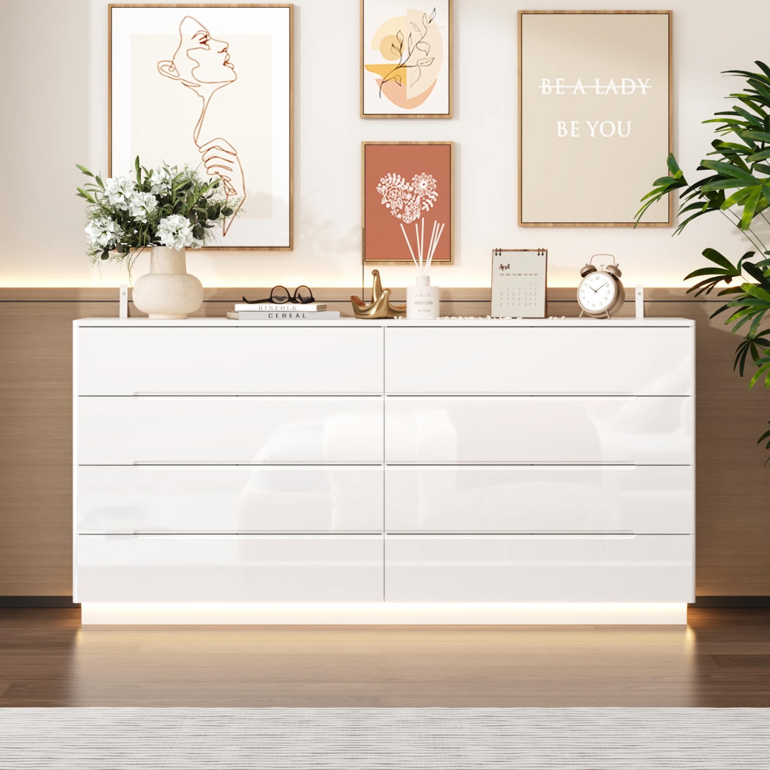 Famapy High-Gloss 8-Drawer Dresser with LED Light Strip and Grooved Handles, Modern Storage Cabinet for Bedroom or Living Room, White