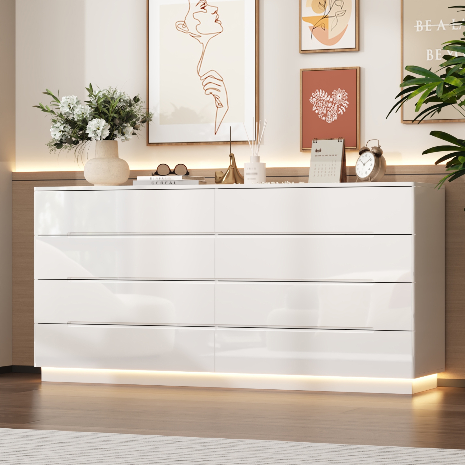 Famapy High-Gloss 8-Drawer Dresser with LED Light Strip and Grooved Handles, Modern Storage Cabinet for Bedroom or Living Room, White