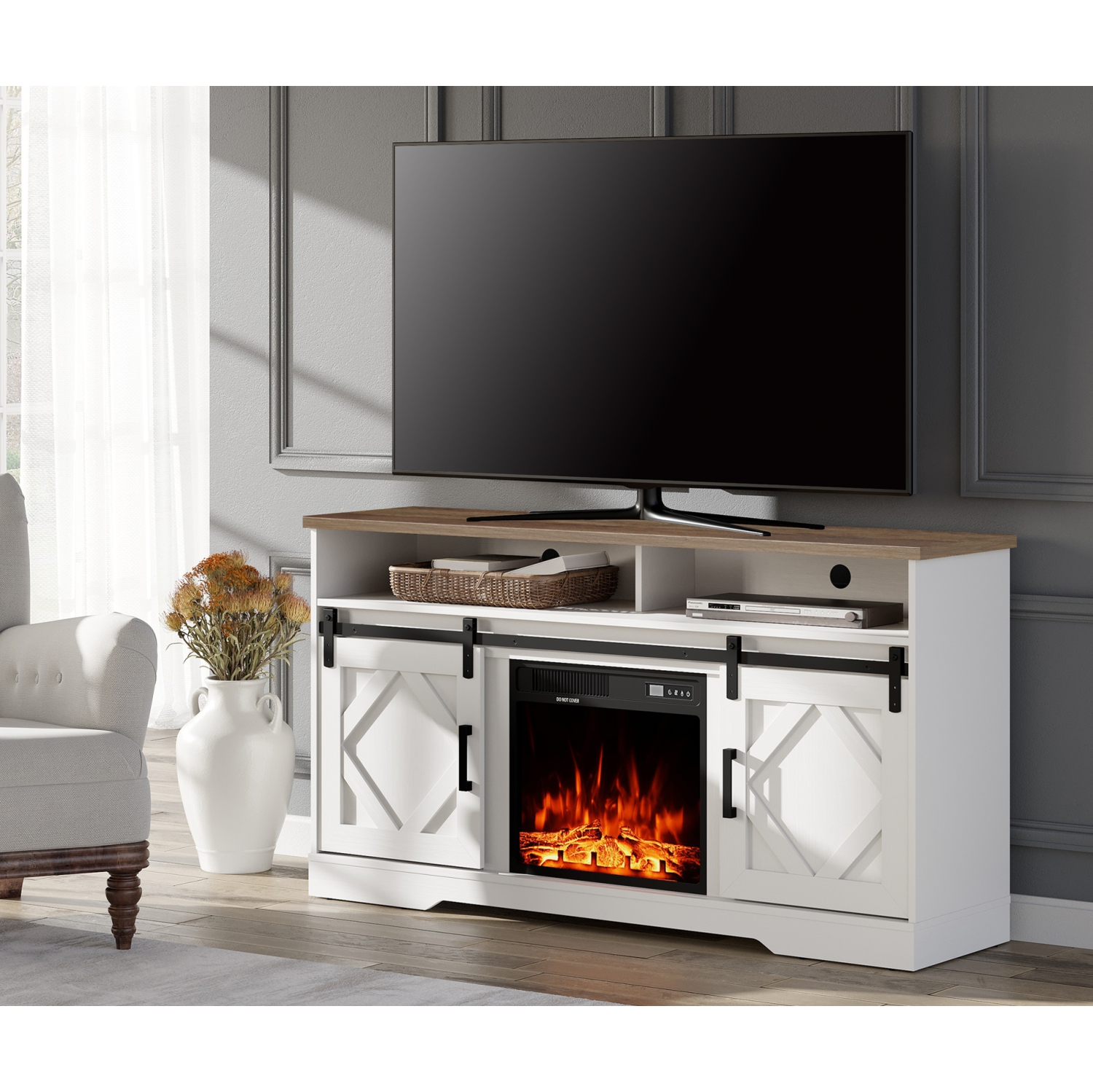 Wampat 65-Inch Electric Fireplace TV Stand with LED Light, Storage Console, Sliding Barn Door, 2 Heating Modes, 5 Brightness Levels - Cream White